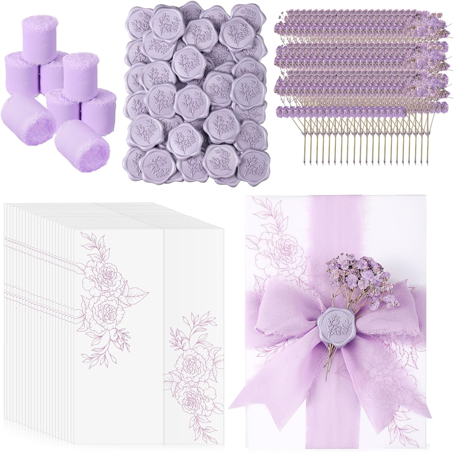 Fullhawl 50 Sets Wedding Invitations Wraps Set Pre Folded Vellum Jackets for 5 x 7 Invitations Dried Flowers Wax Seal Stickers Chiffon Silk Ribbon for Wedding Birthday Bridal Shower Craft DIY (Purple) Purple 50
