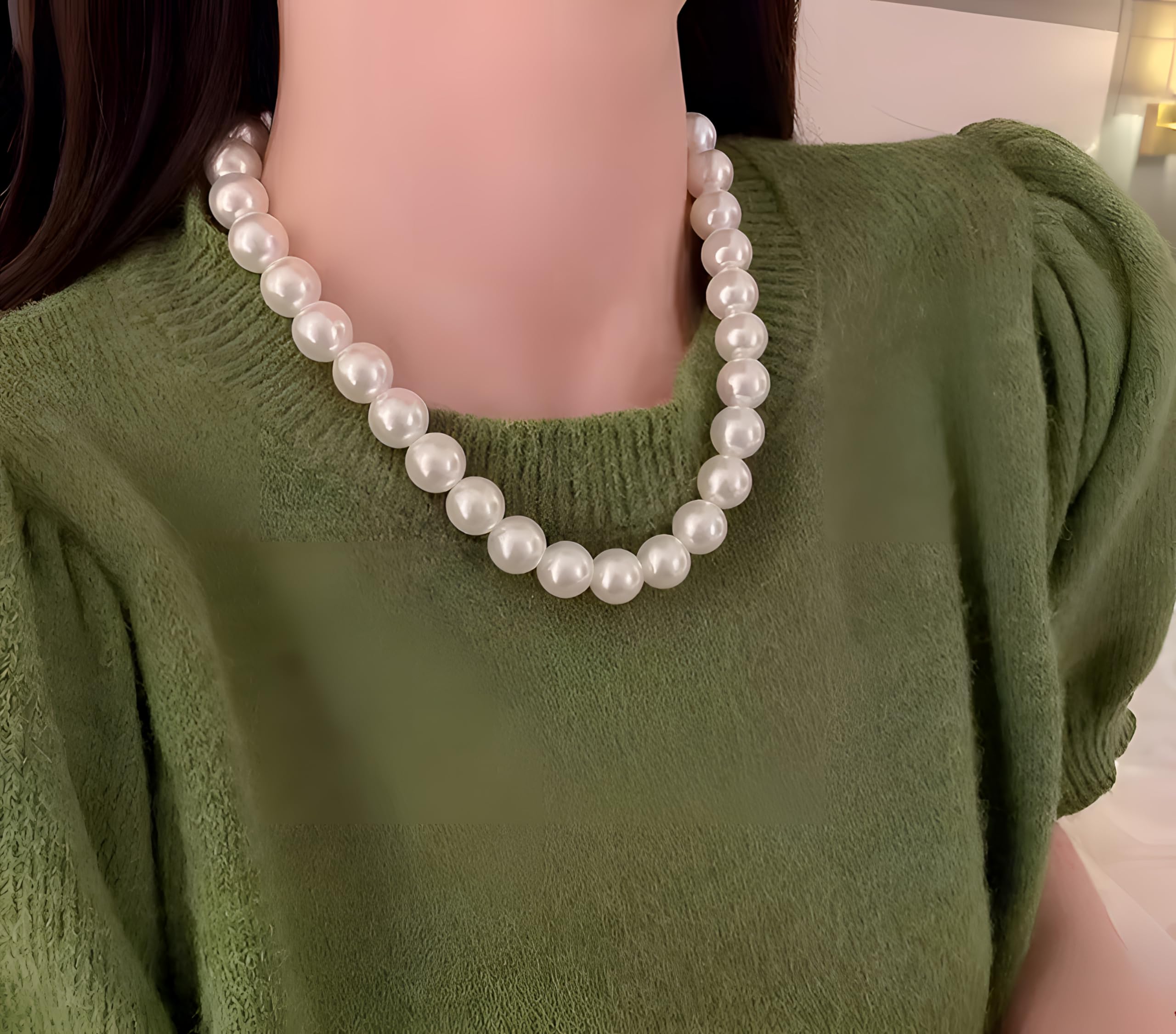 Perlenkette für Damen Magnetverschluß - mit weißen runden Perlen - Elegante Kette mit Muschelkernperlen für jeden Anlass - die Halskette - Choker Pearl Necklace für Frauen