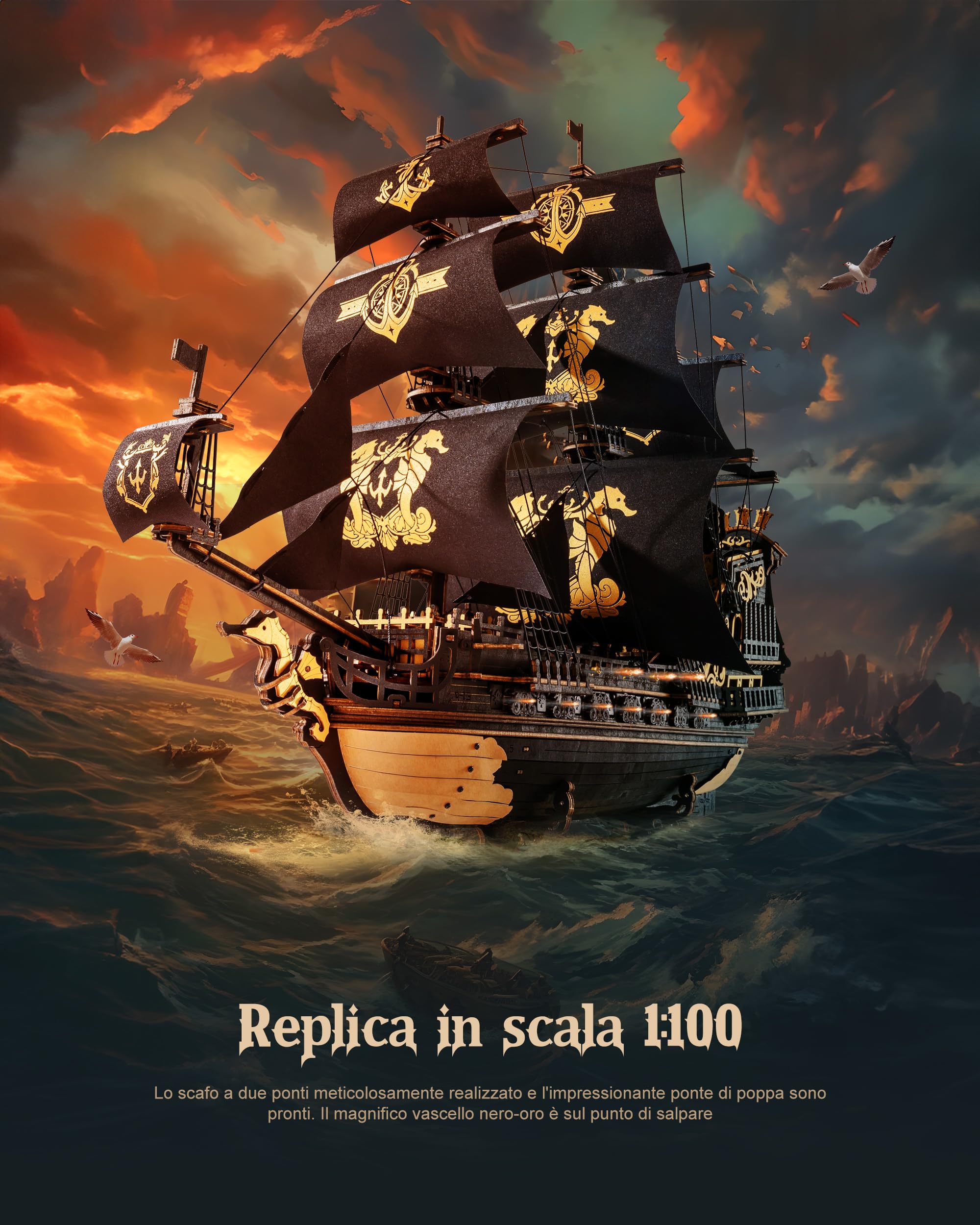 ROBOTIME Puzzle 3D in Legno Nave, Modellismo Navale Legno da Costruire Kit Adulti, Modellino Barche Barca a Vela Rompicapo per Bambini, Scala 1:100 Seahorse Barque MCB02