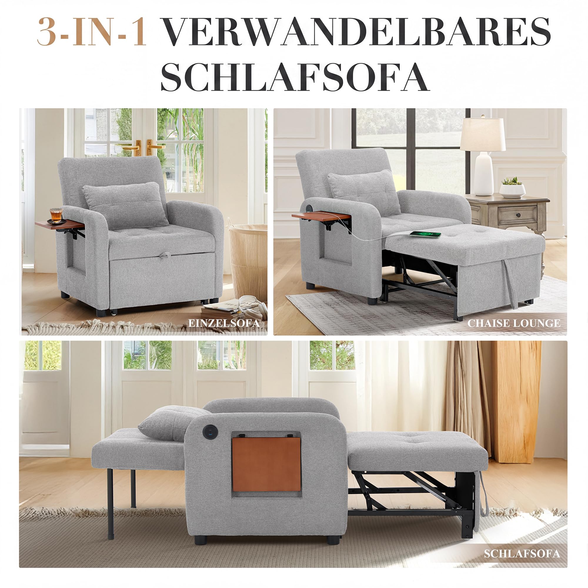 COLAMY Verwandelbarer Schlafsessel Stoff Futon Sofa Bett, Einzel Schlafsofa mit USB Anschluss, klappbarem Tisch, Kissen und Verstellbarer Rückenlehne für Wohnheim, Schlafzimmer, Hellgrau