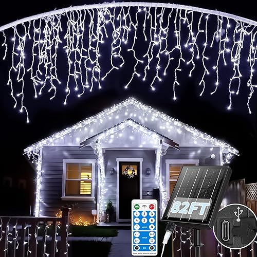 Miniatura 11 de Guirnalda de luces de carámbano de Navidad alimentadas por energía solar (Multicolor y cálidas 2 en 1, 75 pies 600 luces LED de carámbano)