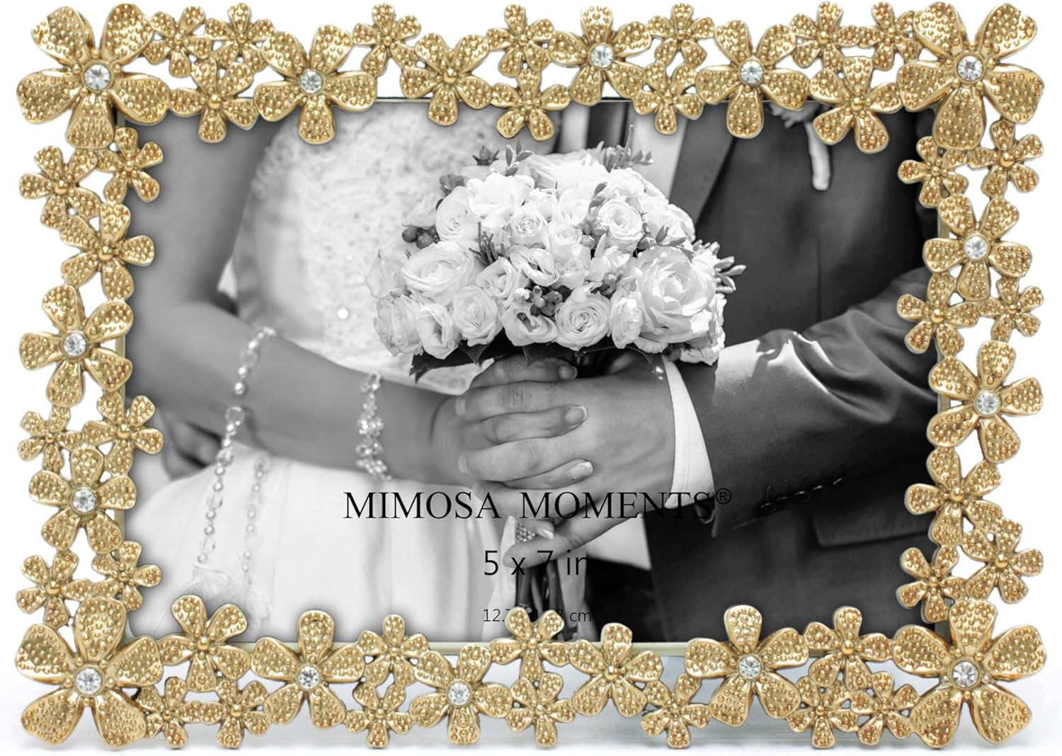 MIMOSA MOMENTS 5x7 Brass-Tone Floral Metal Picture Frame with Rhinestones, Decorative Tabletop Photo Frame for Wedding, Anniversary, Birthday Gift, Home Décor