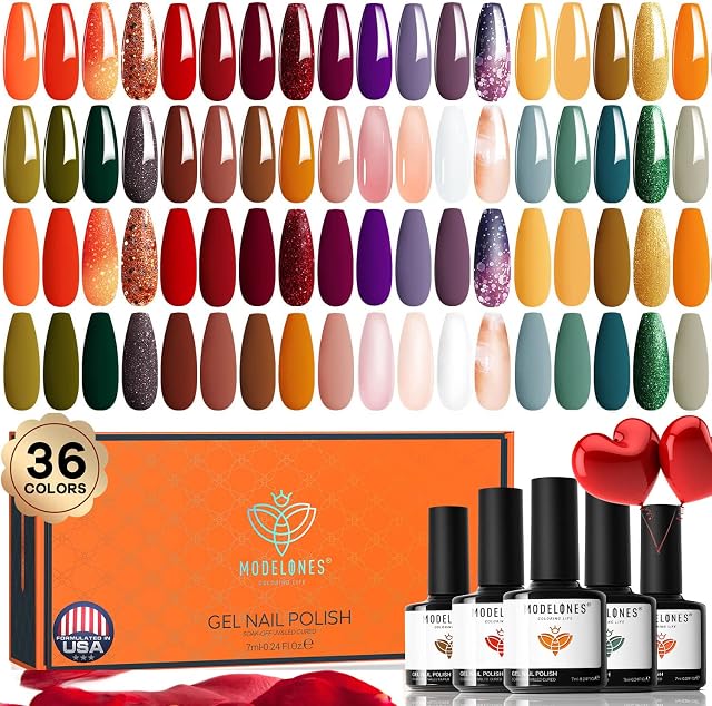 Modelones Gel Nail Polish Set, 36 Pcs All Seasons Color Gel Polish Set Soak Off Orange Brown Red Gold Glitter Nail Polish Starter Gel Nail Manicure Home DIY Gift for Women Girls Holiday
