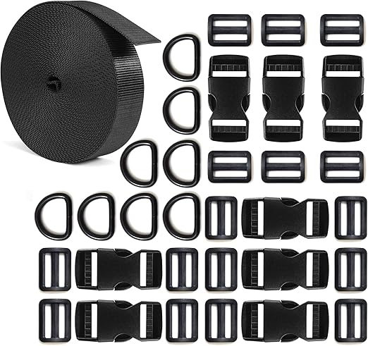 1 inch Buckle Strap Set with 10 Yards Nylon Webbing, 8 Pcs Metal D Rings, 8 Pcs Quick Side Release Plastic Buckles, 16 Pcs Tri-glide Slide Clip for DIY Backpack Replacement (Black)
