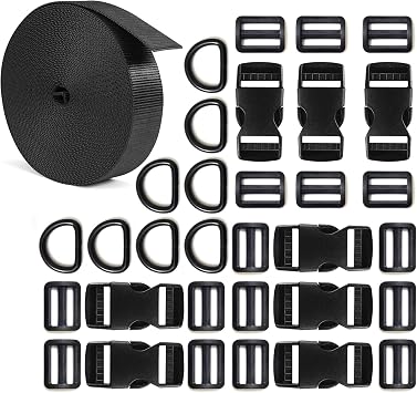 1 inch Buckle Strap Set with 10 Yards Nylon Webbing, 8 Pcs Metal D Rings, 8 Pcs Quick Side Release Plastic Buckles, 16 Pcs Tri-glide Slide Clip for DIY Backpack Replacement Black