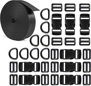 1 inch Buckle Strap Set with 10 Yards Nylon Webbing, 8 Pcs Metal D Rings, 8 Pcs Quick Side Release Plastic Buckles, 16 Pcs Tri-glide Slide Clip for DIY Luggage Strap, Backpack Replacement Repairing