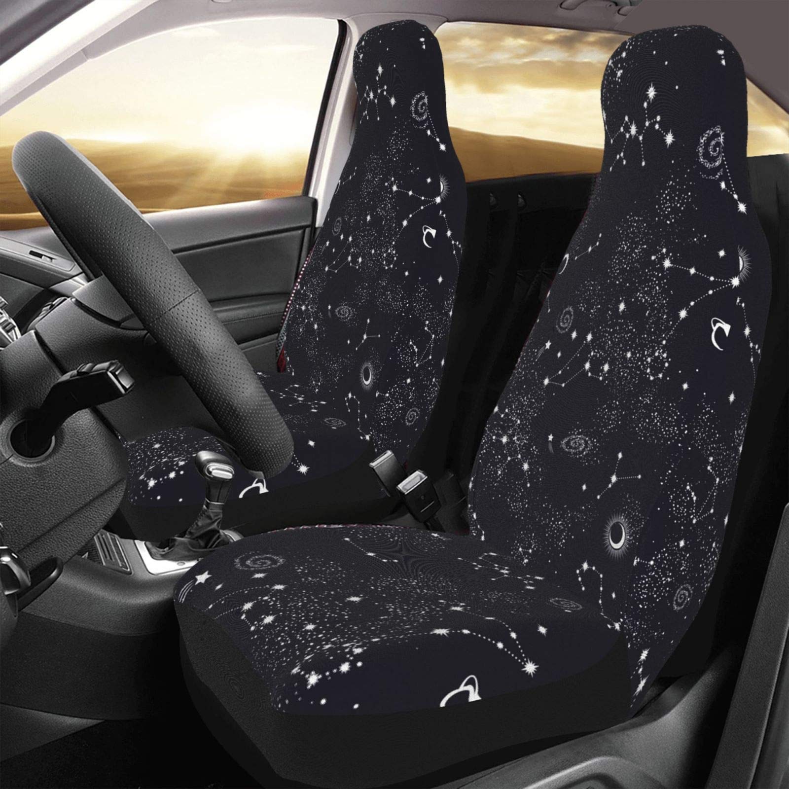 Teery-YY Car Seat Covers 2pc Front Seat Protector Cover Cushion Moon Space Planet Stars Galaxy Universe Overall Surrounded Universal Auto Decor Stretch Elastic for Most Vehicle, Car, SUV