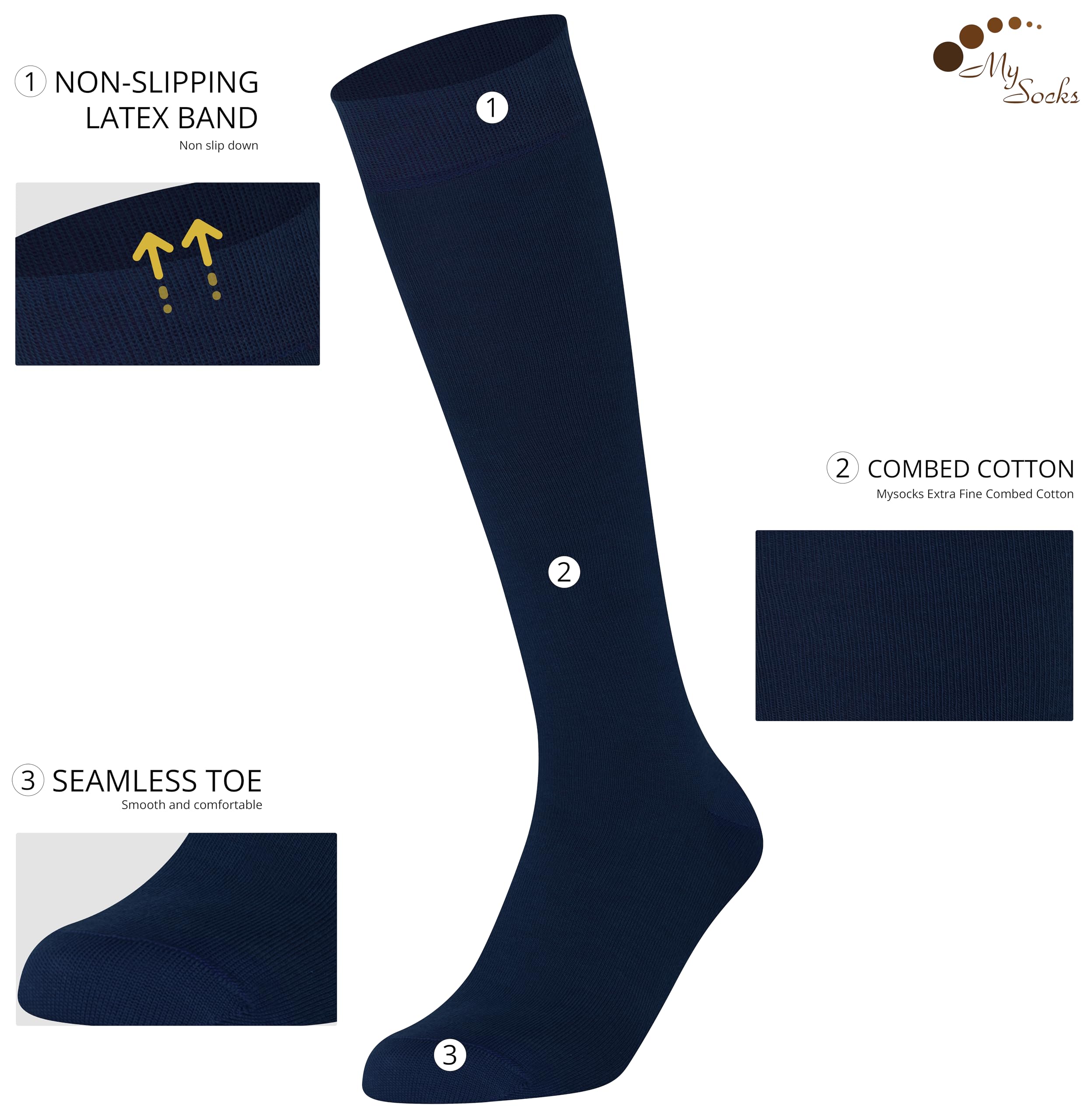 Mysocks 3 pares de calcetines altos unisex con diseño Multi de la rodilla y algodón peinado extrafino 3 pares de diseño múltiple