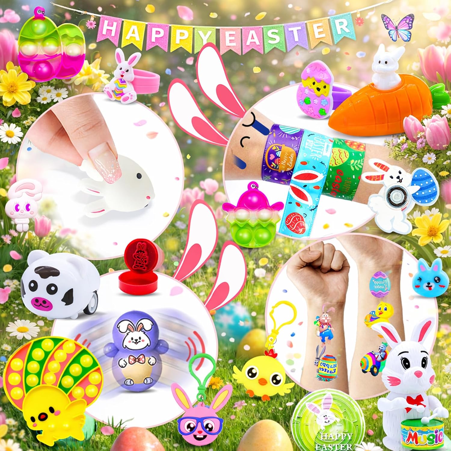 BicMan 500pcs Easter Basket Stuffers Bulk, Easter Egg Fillers for Kids, Fidget Toys Pack, Easter Party Favors, Goodie Bag Stuffers, Classroom Prize, Treasure Box