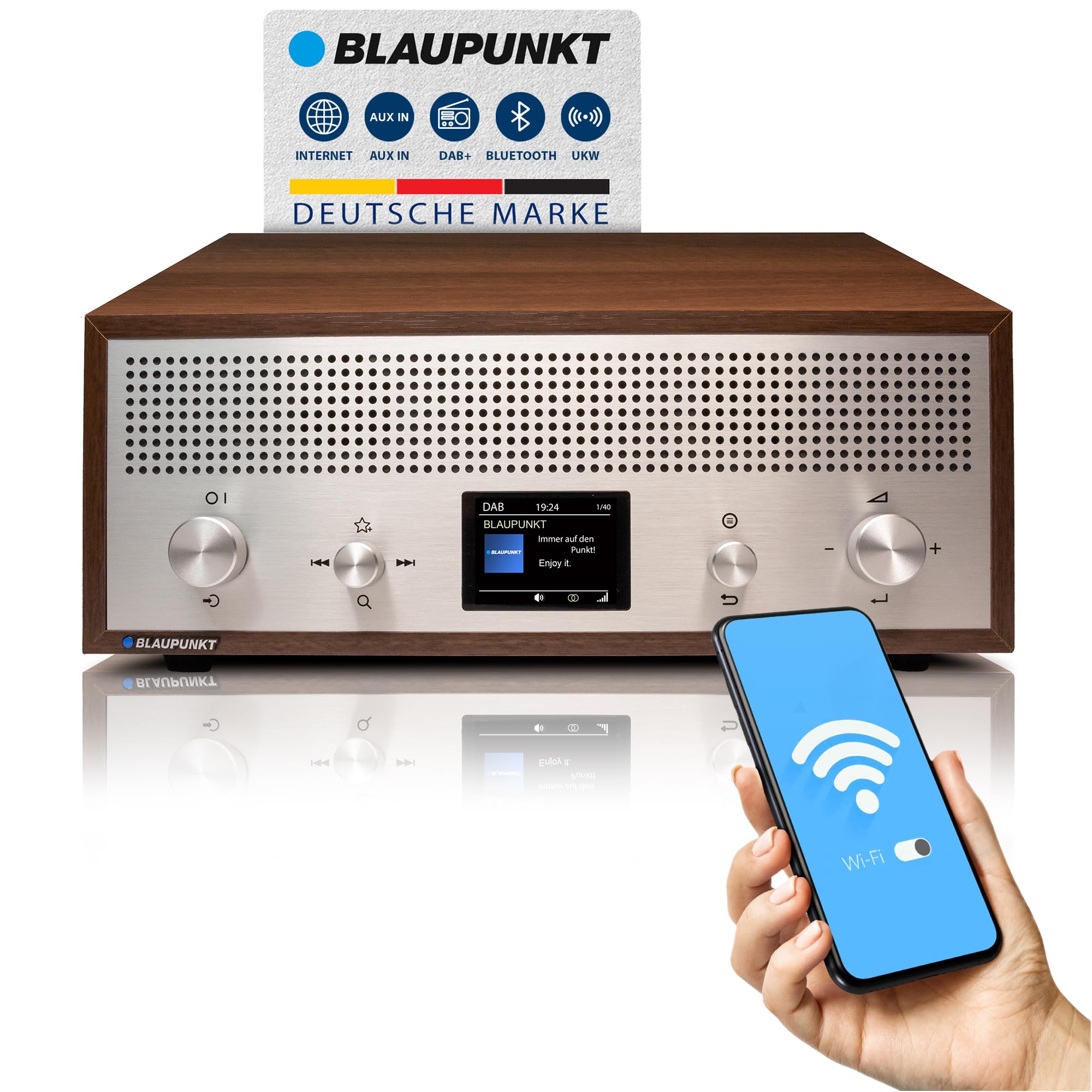 Blaupunkt Verona RXD 190 walnuss, DAB+ Radio Retro Design, Küchenradio mit Bluetooth 5.0, UKW Digitalradio in Holzoptik & Farbdisplay, AUX-In, USB Ladefunktion, 15 W RMS