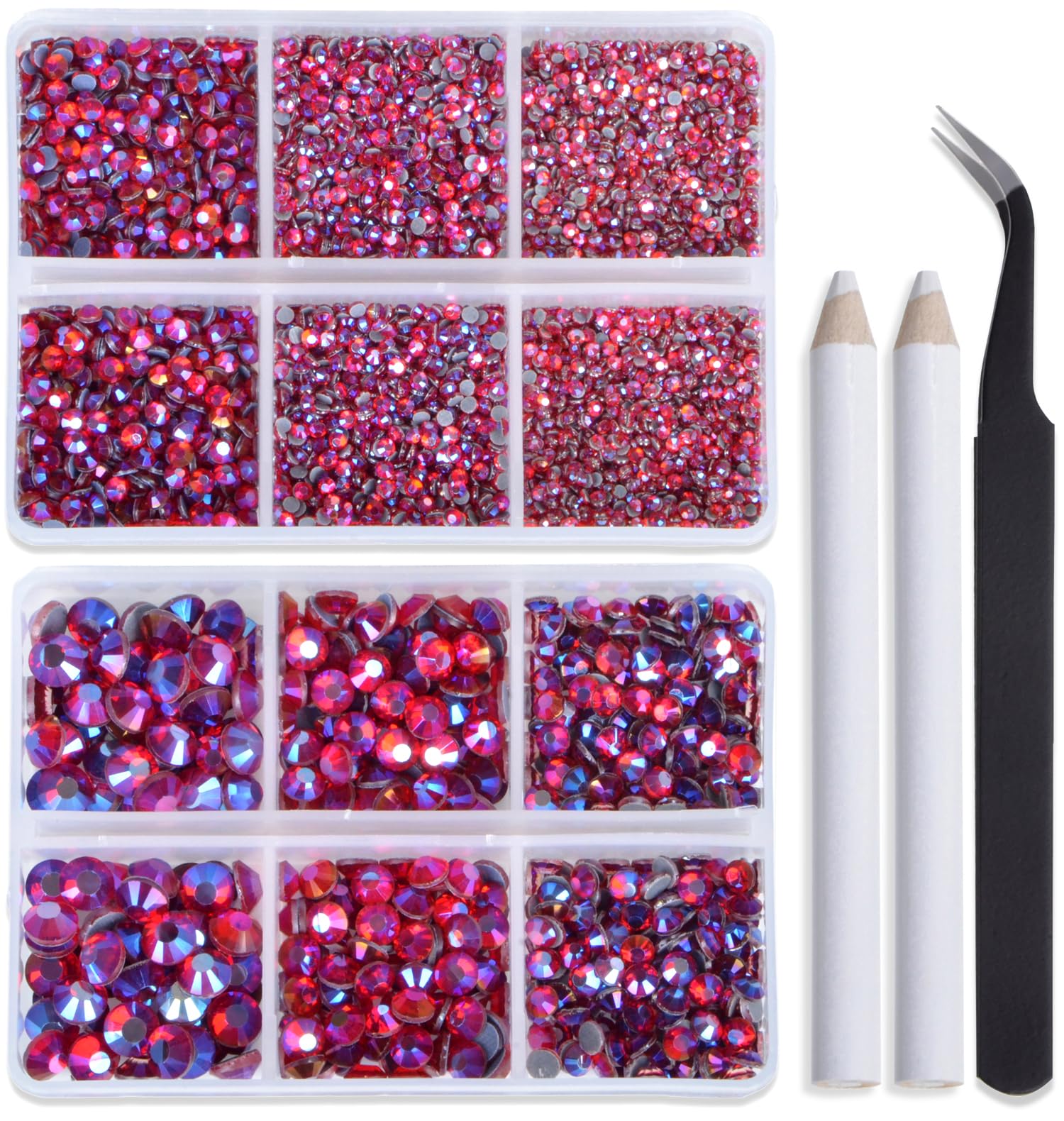 Bymitel Hotfix Crystal Rhinestones Round Gems for Crafts,Mixed 6 Sizes with Wax Pencil Kit, Siam AB 1.6-6.3mm SS4-SS30/8000pcs