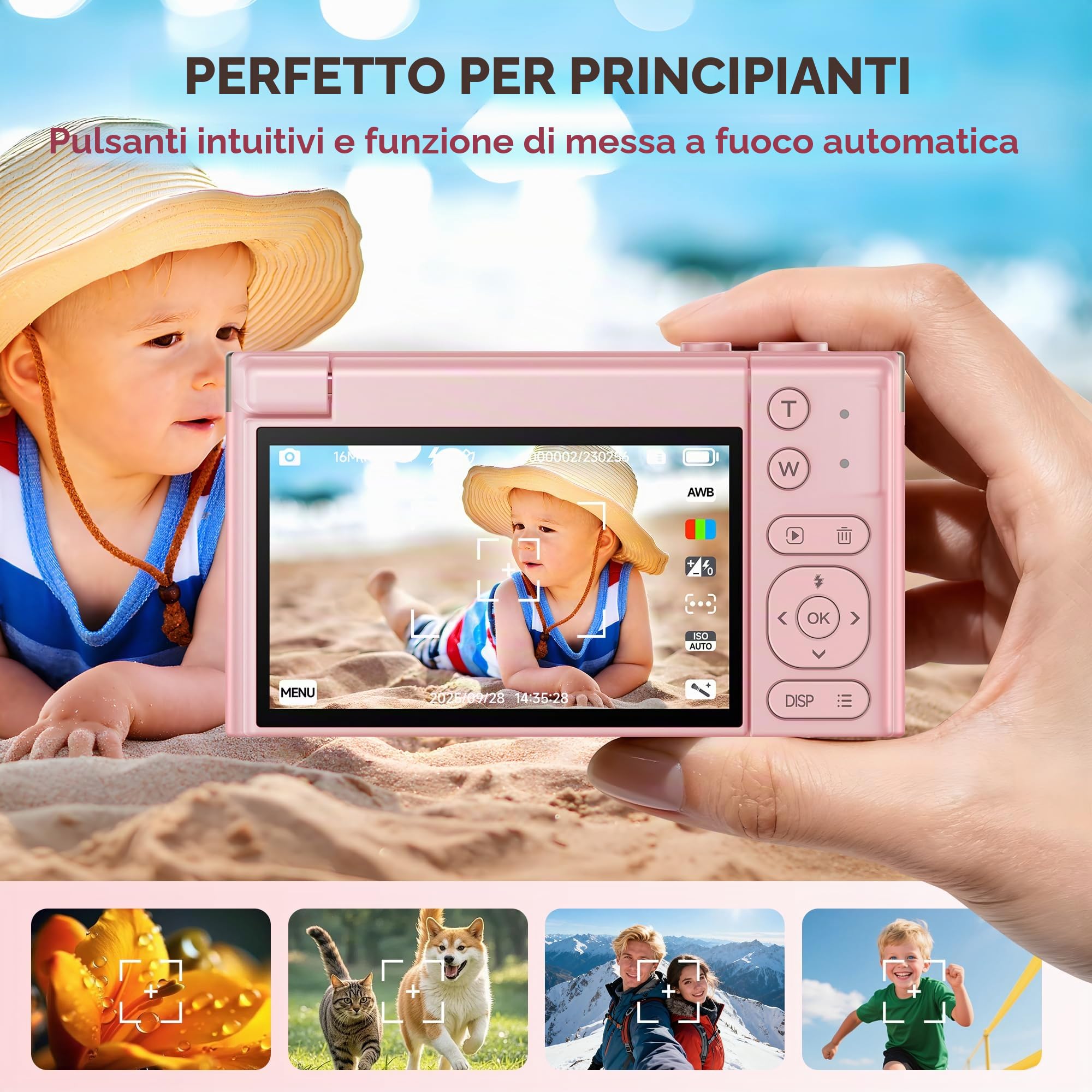 Macchina Fotografica Digitale 4K Ultra HD: 64MP Fotocamera Macchine per Principianti - Flip 180° Videocamera con Scheda di Memoria Da 32GB - Digitale Camera con Autofocus 16X Zoom Rosa