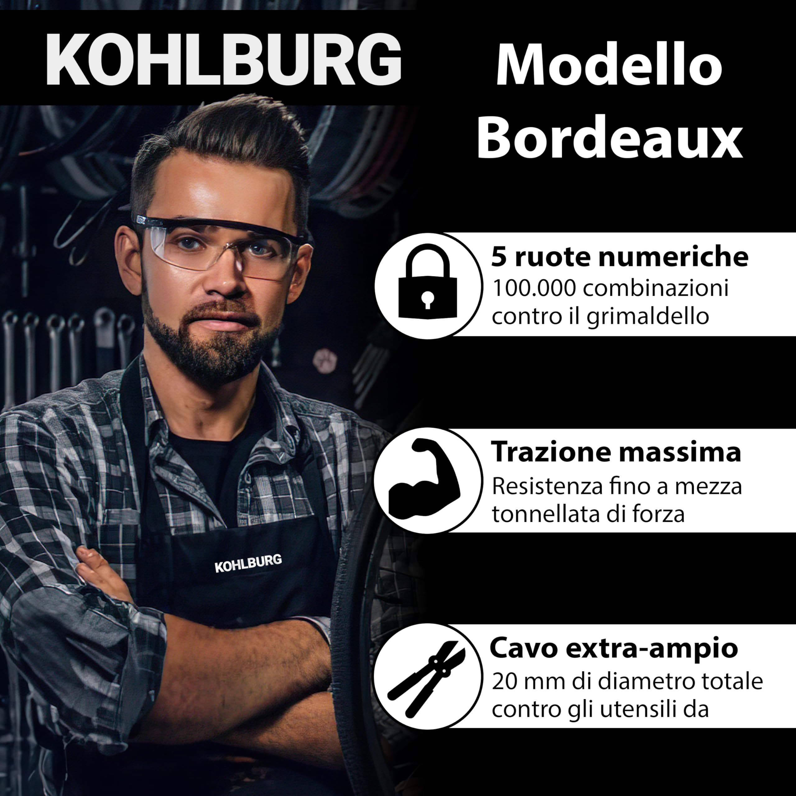 KOHLBURG Antifurto a cavo a combinazione | lungo 105 cm & 20 mm di spessore | Lucchetto a cavo per alta sicurezza con combinazione numerica | Antifurto con codice con numeri per bici elettrica, scooter