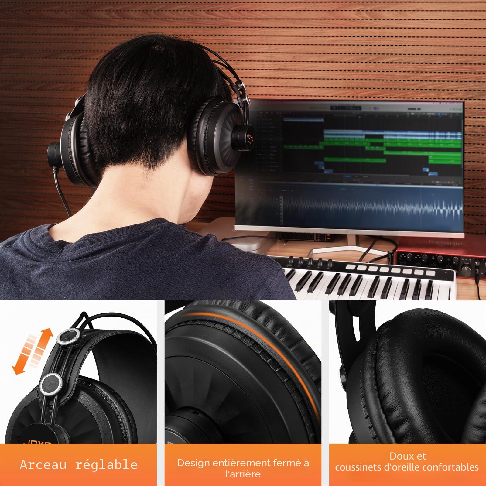 JOYO Casque de Studio Supra-aural à Haute Définition | Confort Circum-aural pour Longues Sessions | pour Écoute Critique, Mastering et Production Musicale (JMH-02)