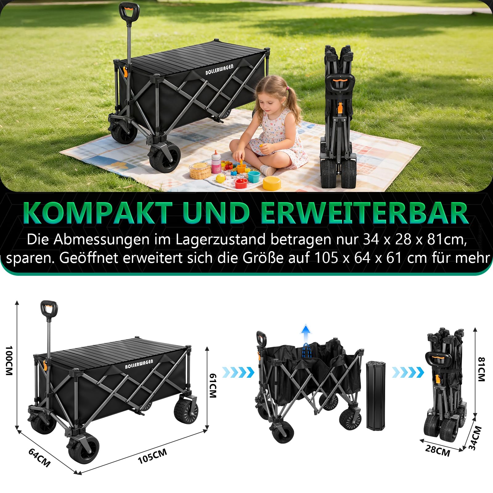 Chariot électrique Pliable, Chariot de Plage avec Moteur sans balais | Conception entièrement Pliable | 280L à 80KG | 3 Vitesses | Chariot de Jardin avec Plateau de Table pour Jardin (Noir)