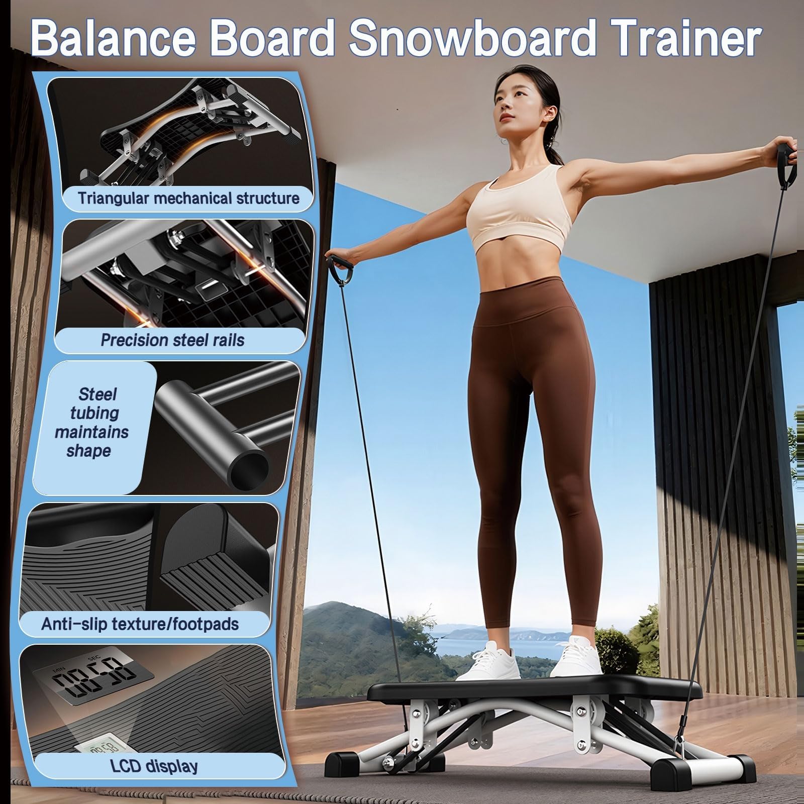 Slide Stepper Balance Board z taśmami oporowymi – podstawowy trener do treningów domowych, sprzęt do ćwiczeń całego ciała z monitorem LCD, regulowane poziomy i duża pojemność