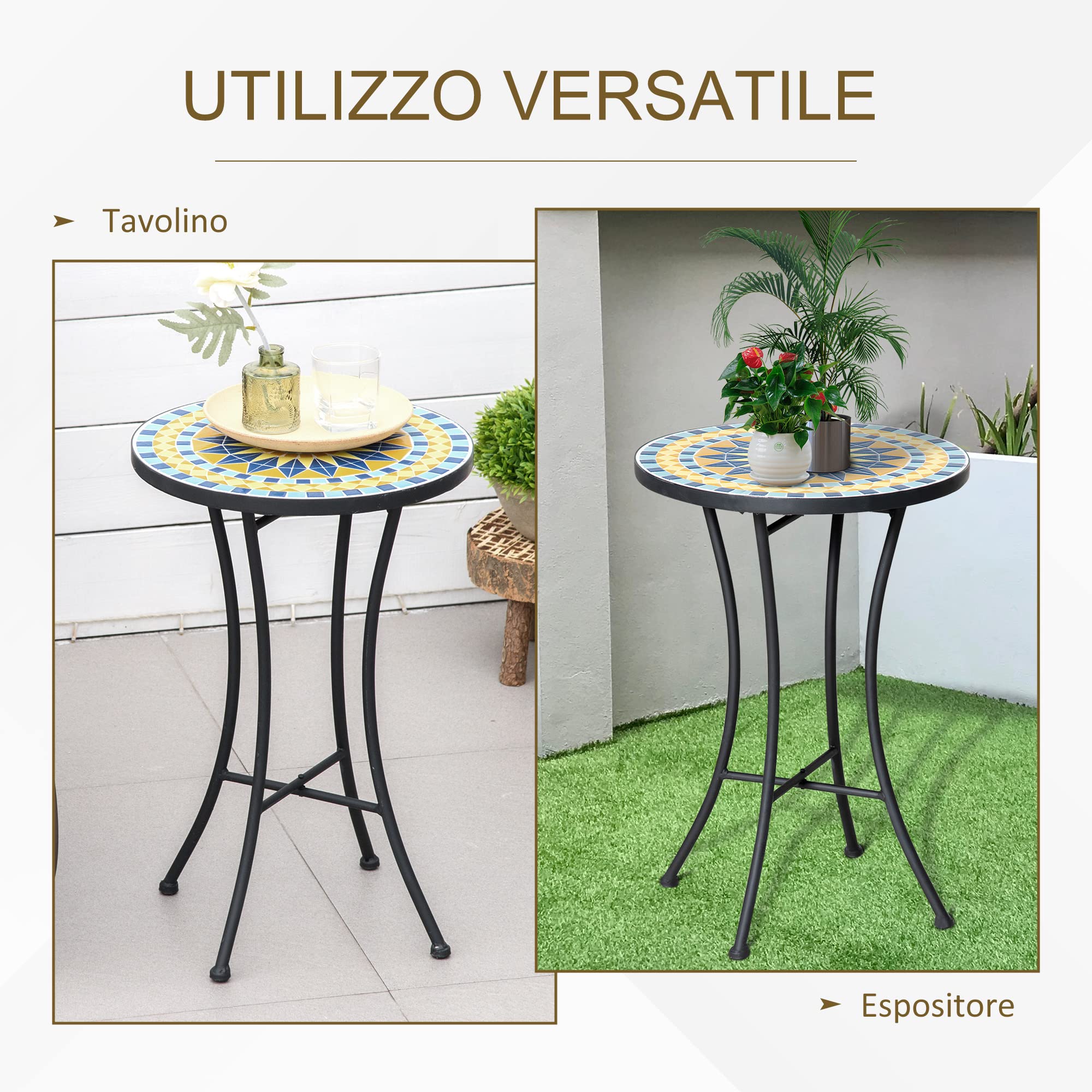 Outsunny Tavolino da Giardino in Metallo con Piano d'Appoggio a Mosaico in Ceramica, Ф35.5x53.5cm, Multicolore