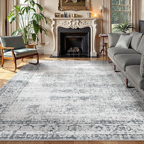 Lahome Vintage 9x12 Washable Grey Rugs for Living Room Bedroom, Boho Dining Room Rugs for Under Table, Soft Non Slip Indoor Throw Carpet for Home Office Playroom (9x12ft,Grey)
