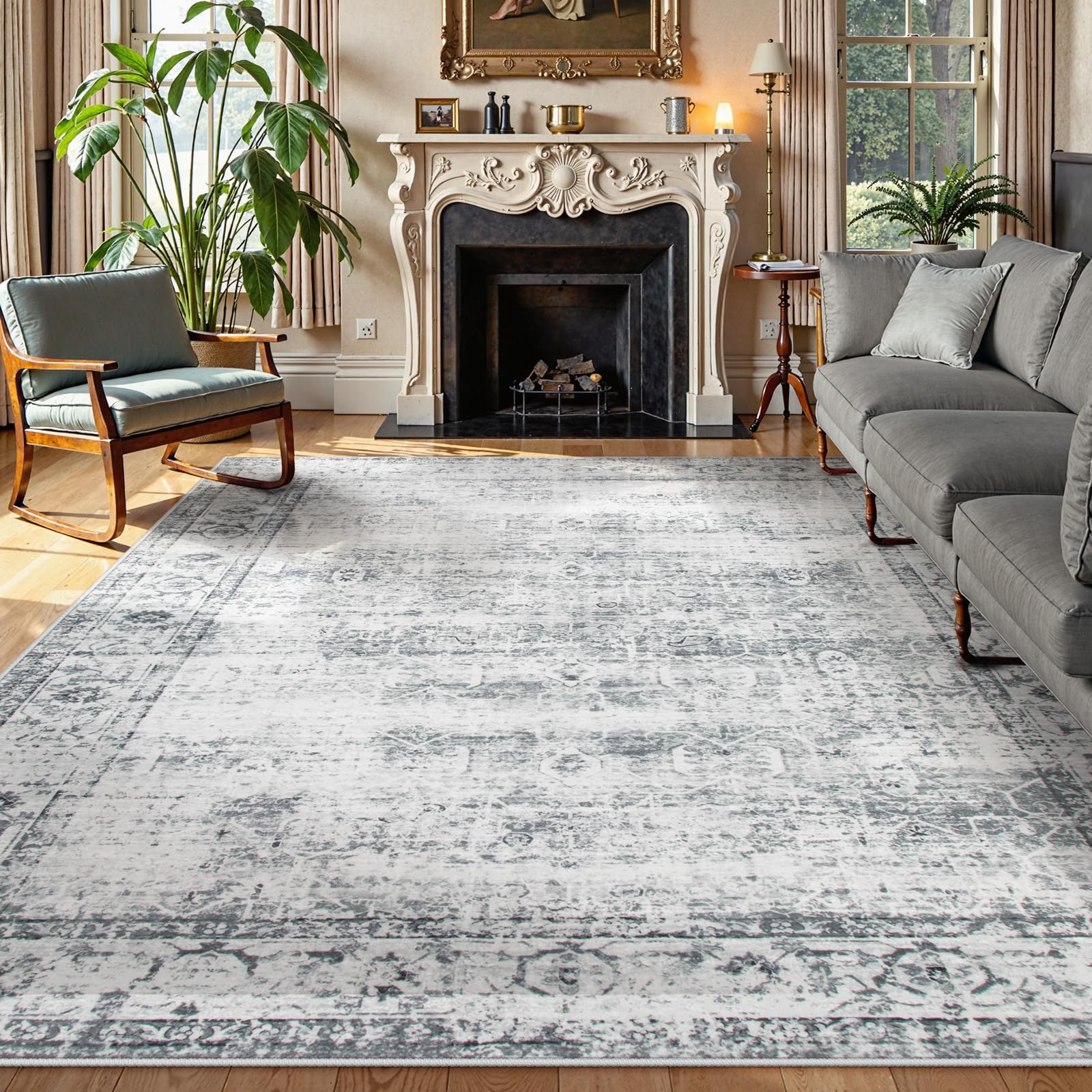 Lahome Vintage 8x10 Washable Grey Rugs for Living Room Bedroom, Boho Dining Room Rugs for Under Table, Soft Non Slip Indoor Throw Carpet for Home