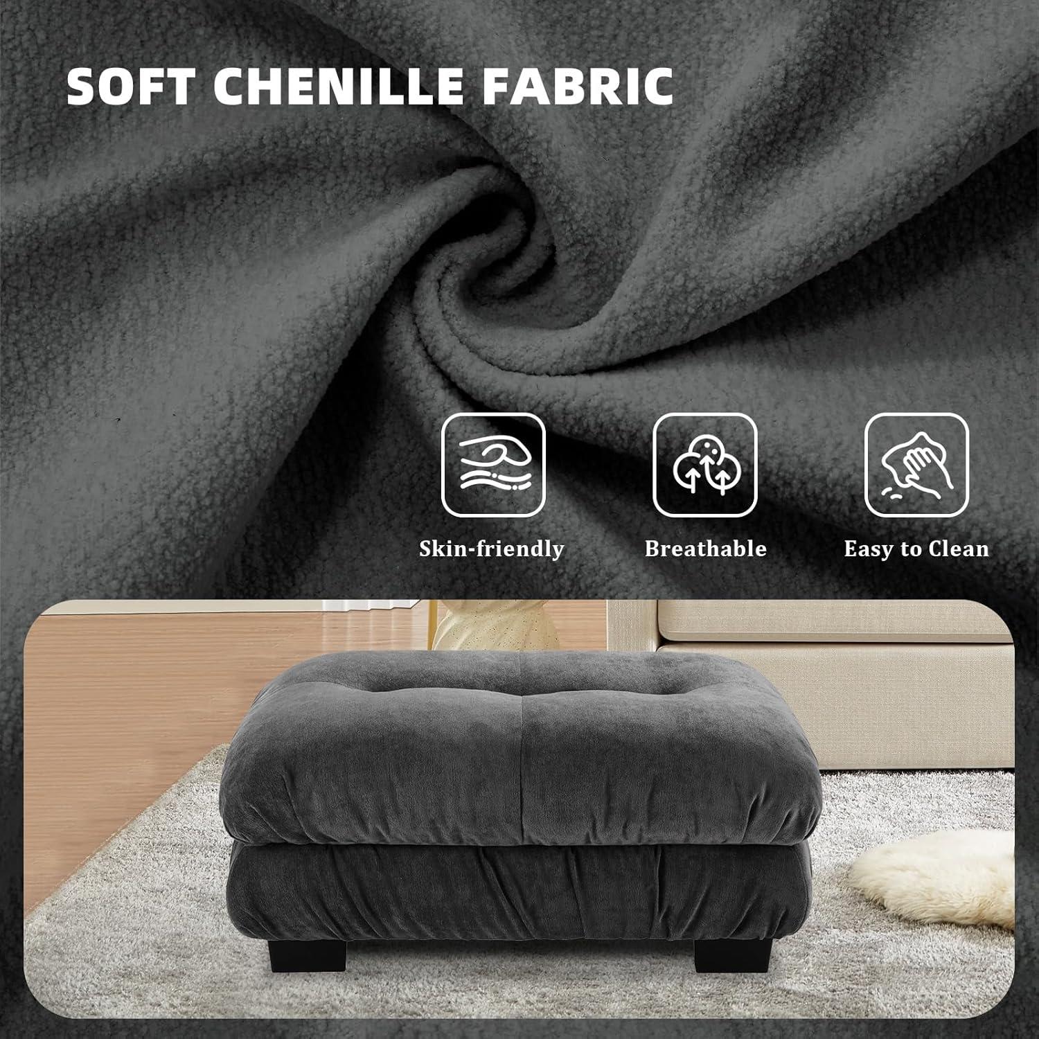 Upholstered Ottoman Footstool with Cushion for Sectional Sofa Couch 300lbs for Living Room,Chenille Fabric(Grey)