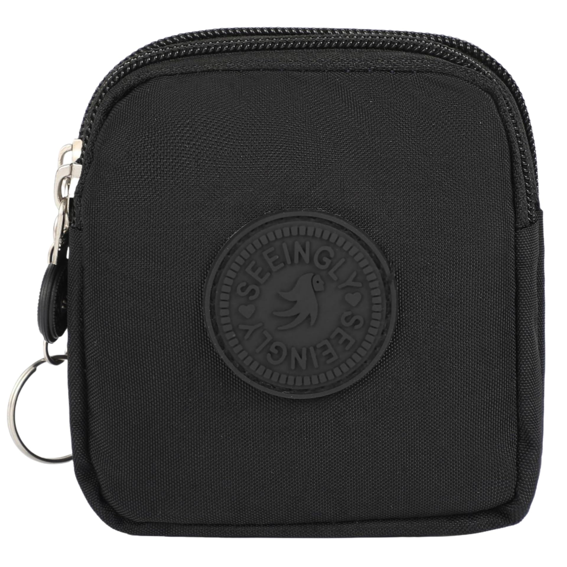 – Compact Coin Purse for Women, Waterproof Nylon Change Pouch with 2 Zipper Layers (Black)