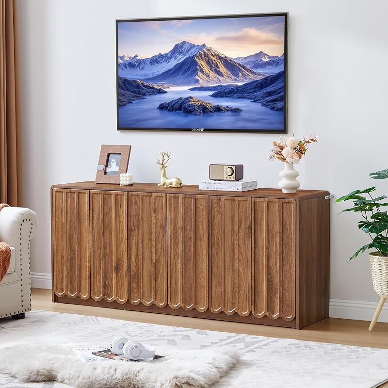 ORRD Sideboard Buffet Cabinet with Storage, Low Storage Cabinet Modern Wooden Accent Credenza Console Table TV Stand with 6 Wave Panel Doors for Kitchen Dining Living Room Entryway, Walnut