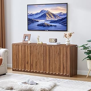 ORRD Sideboard Buffet Cabinet with Storage, Low Storage Cabinet Modern Wooden Accent Credenza Console Table TV Stand with 6 Wave Panel Doors for Kitchen Dining Living Room Entryway, Walnut