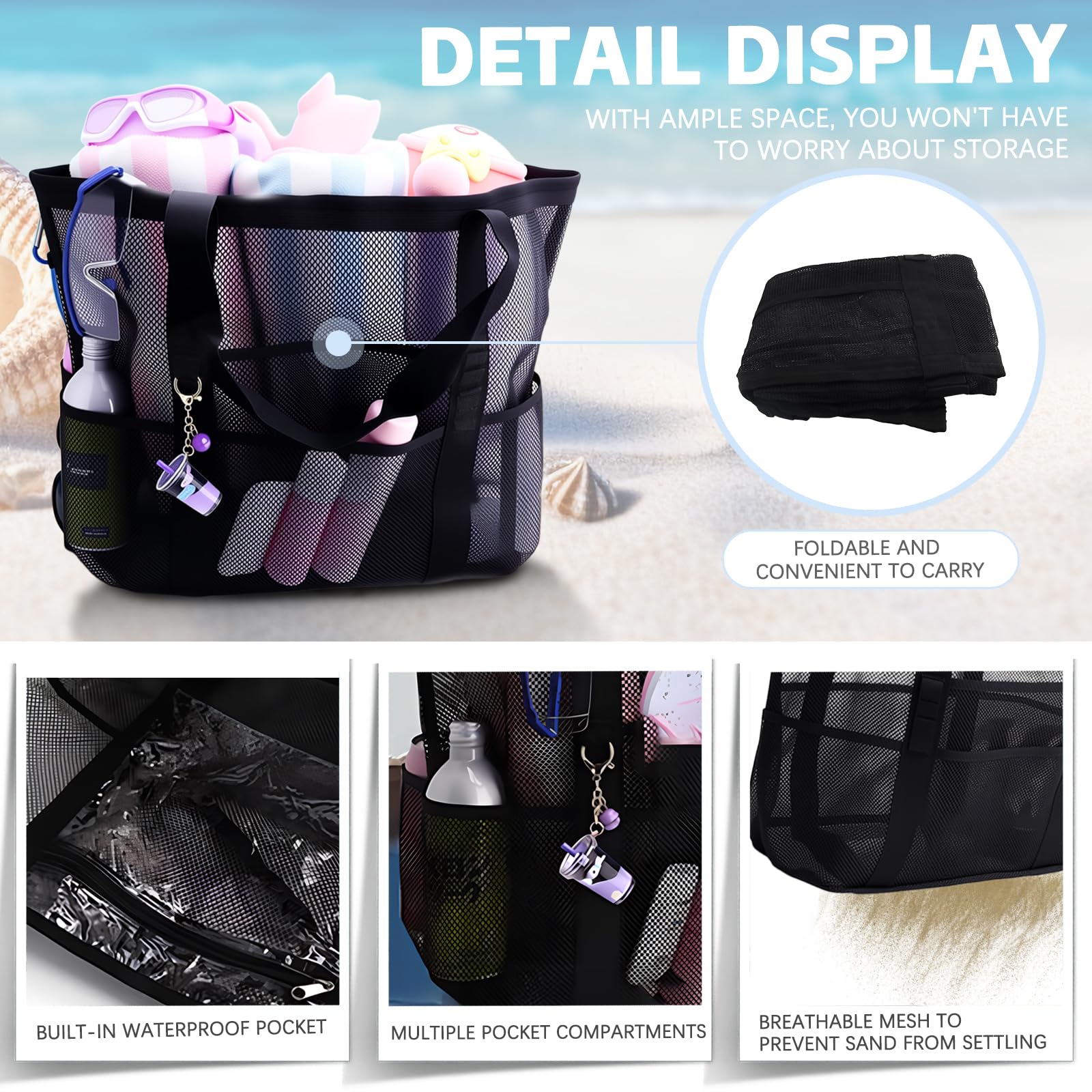 CIYIN Borsa spiaggia in Rete Donna, Borsa da Spiaggia da Donna XXL Famiglia,Borsa da Doccia,Leggera e Traspirante per Piscina, Vacanze & Spiaggia (43 * 21 * 39 cm)