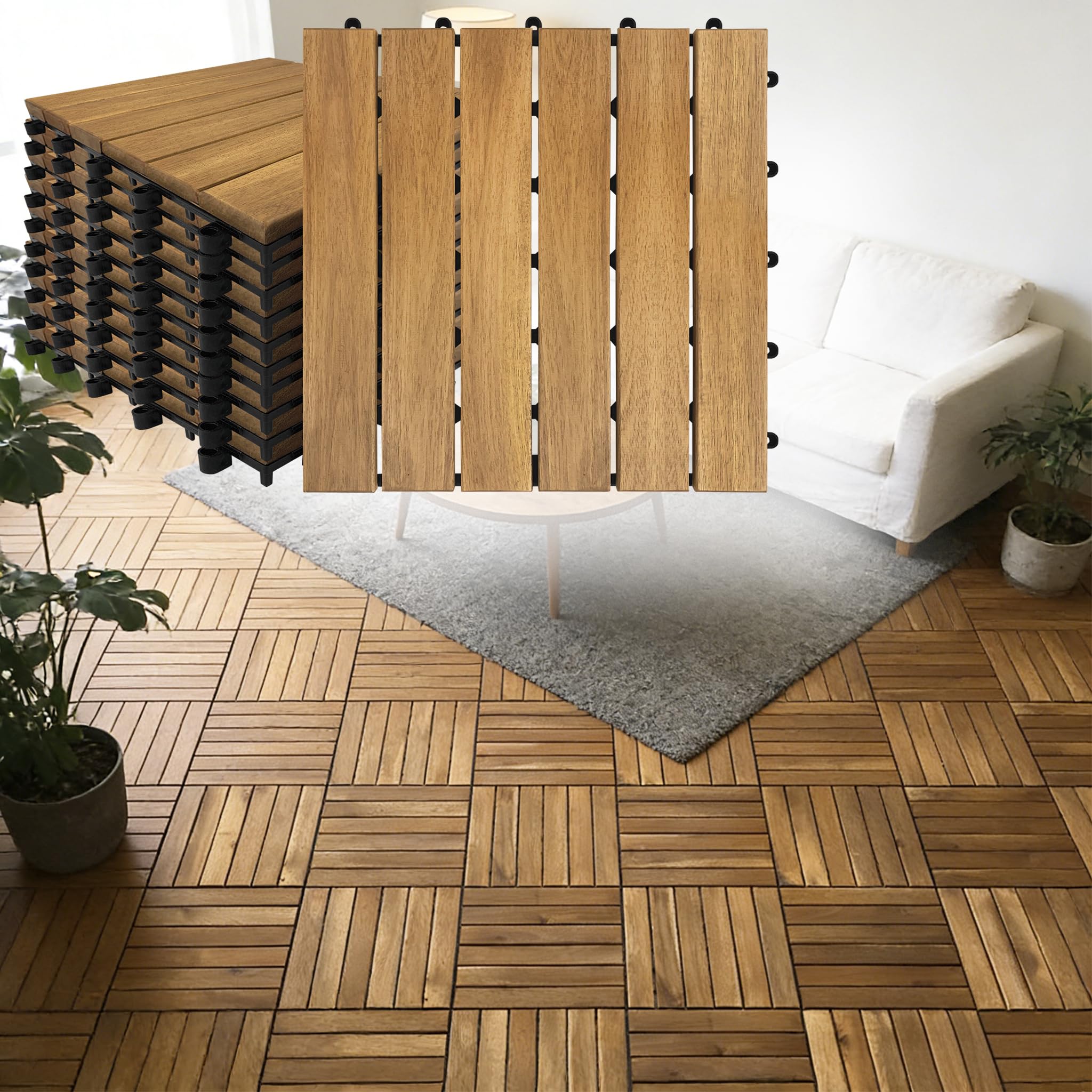 55er Pack / 5m² Holzfliesen Balkonfliesen aus Holz Balkonboden wetterfest 30x30cm aus Akazienholz Holzboden Klickfliesen Terrassenfliesen mit Drainage Gartenfliesen Zuschneidbar - Model A