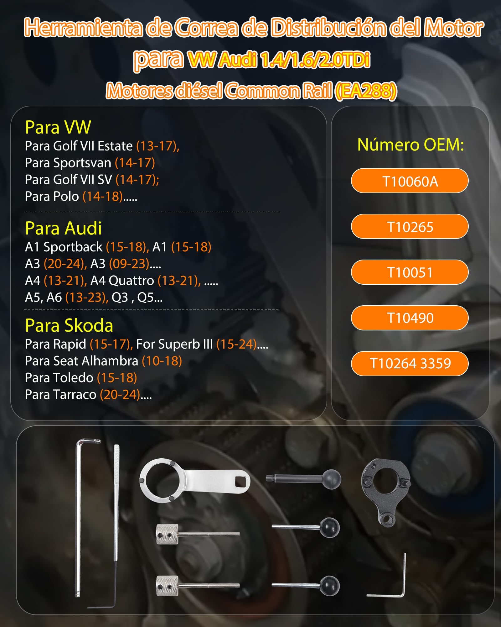 Util Calado Distribucion Timing Belt Tit Compatible con VW para Audi para Skoda para Seat T10264 T10265 T10490 T10051 3359 T10060A pour 1.4 1.6 2.0 TDI CR EA288 Kit Calado Distribucion
