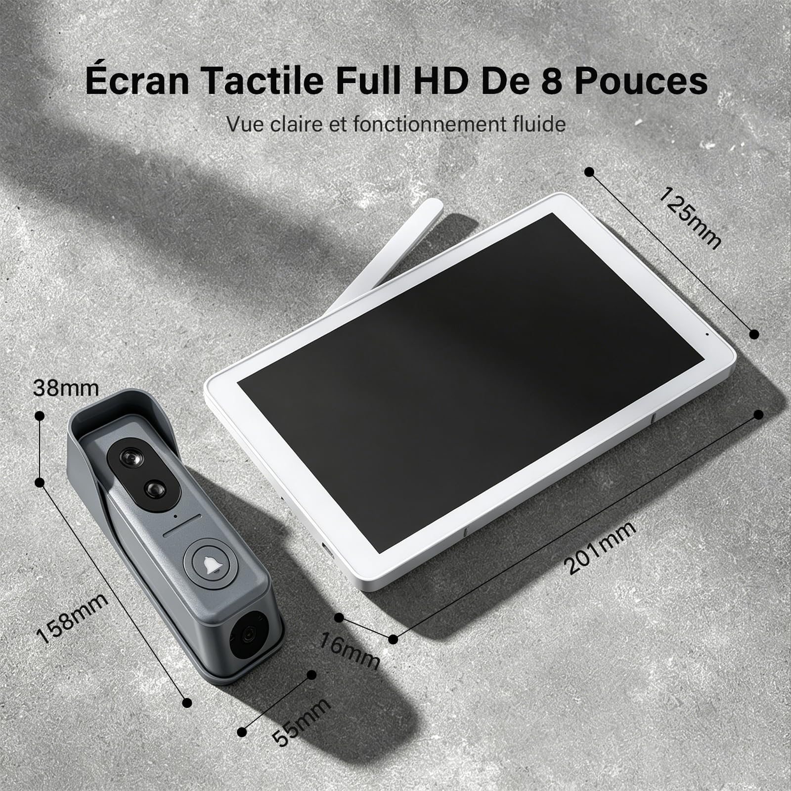 Sonnette Vidéo Double Lentille Sans Fil, Moniteur Tactile 8", Interphone Double Caméra WiFi 1080P, Détection Mouvement,Audio Bidirectionnel,Vision Nocturne,Stockage Local Sans Frais Mensuels, App Tuya