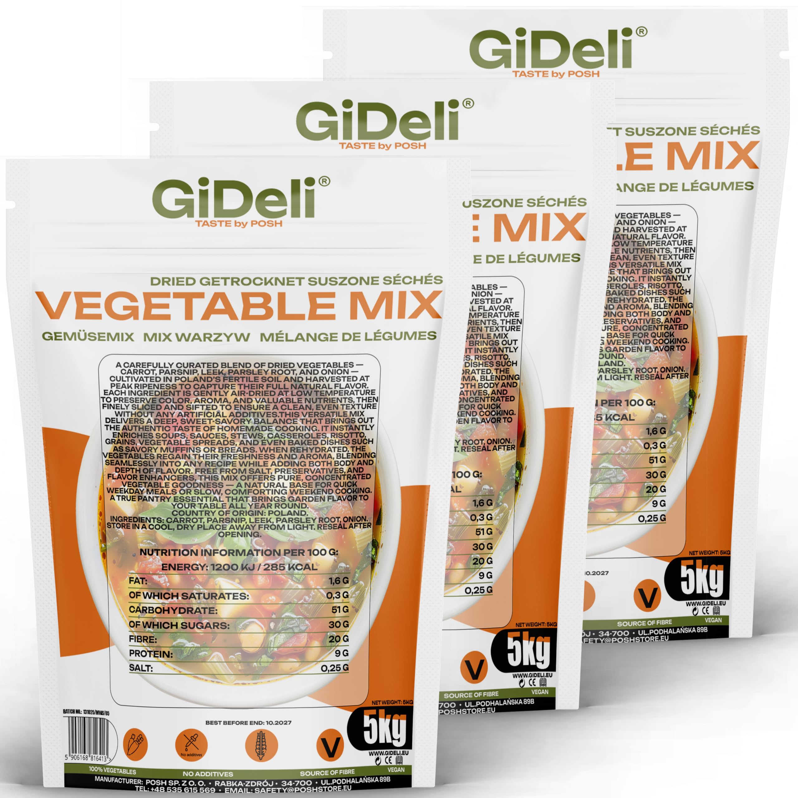 GiDeli Suppengewürz 3x 5kg - Gemüsebrühe ohne Salz - Trockengemüse ohne Zusatzstoffe, natürlich getrocknet – ideal für Suppen, Soßen & Eintöpfe