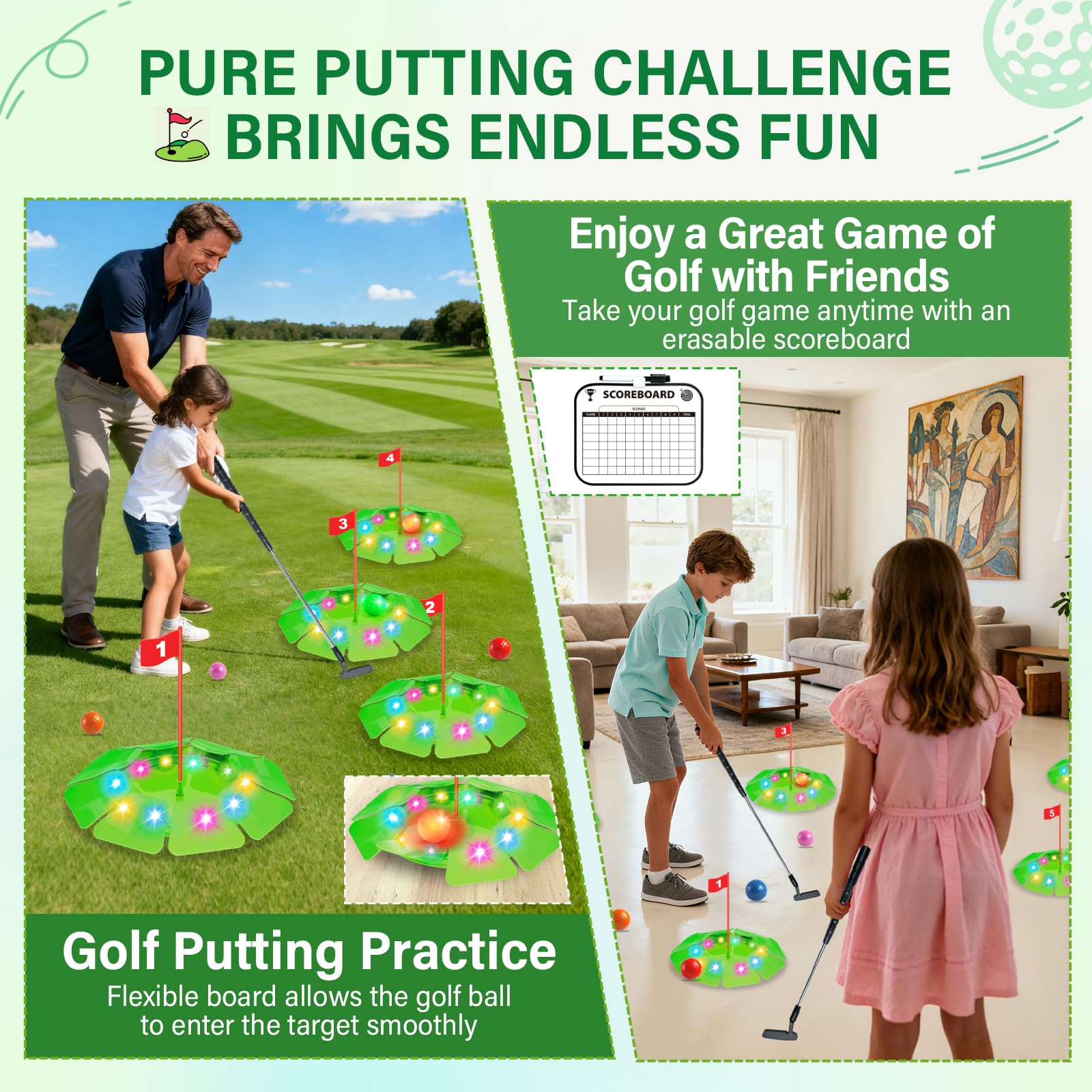 TERRAMUS Light Up Golf Play Set, Upgraded Kids Toy Golf Putting Game Set including 6 LED Targets, 2 Clubs, 6 Balls (2 Glow) - Image 3