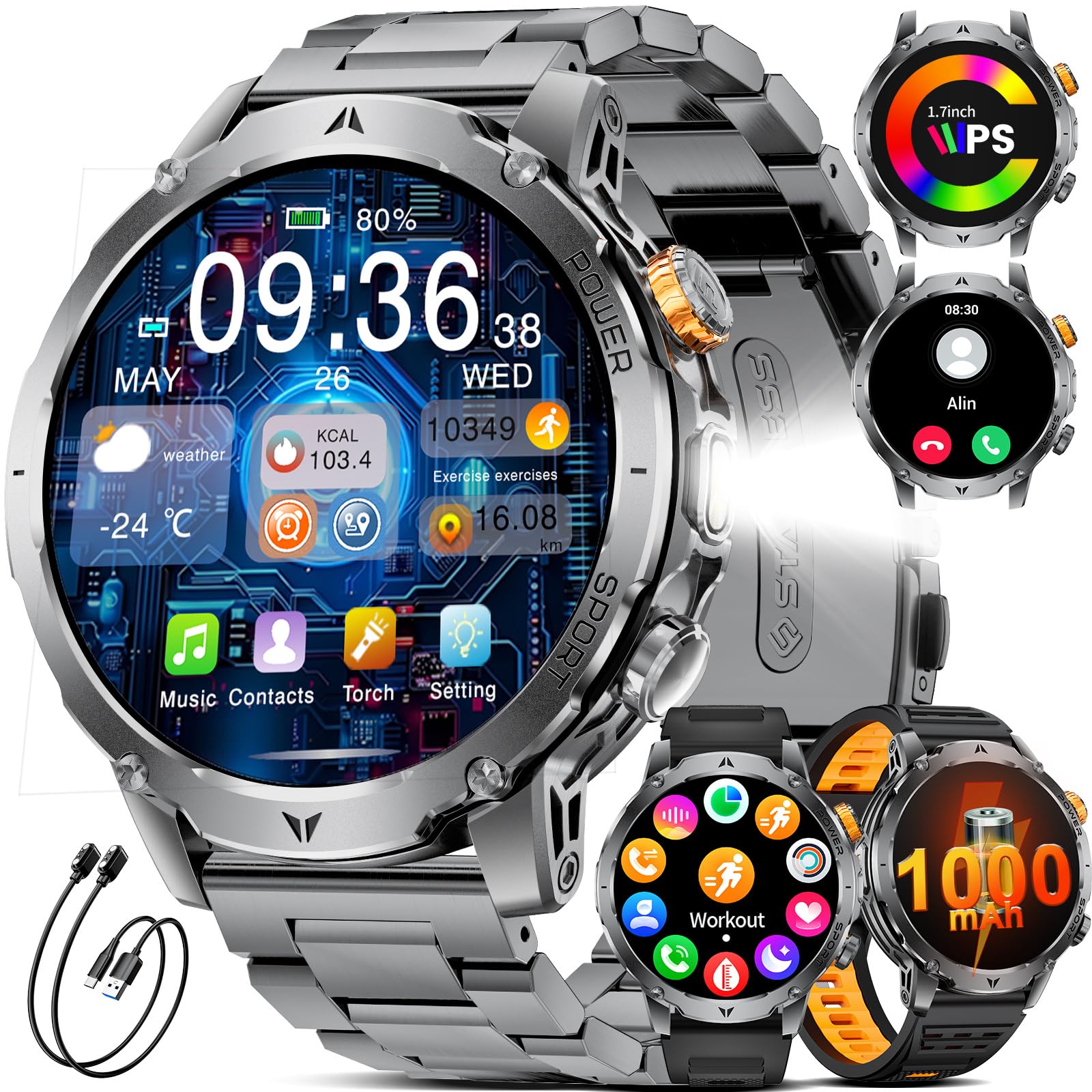 1000 mAh Smartwatch Uomo,1.7" Smart Watch Militare con 110+ Modalità Sportive,IP68 Impermeabile,Chiamata Bluetooth,Frequenza Cardiaca, Android iOS,3 Braccialetti,2 Caricabatterie
