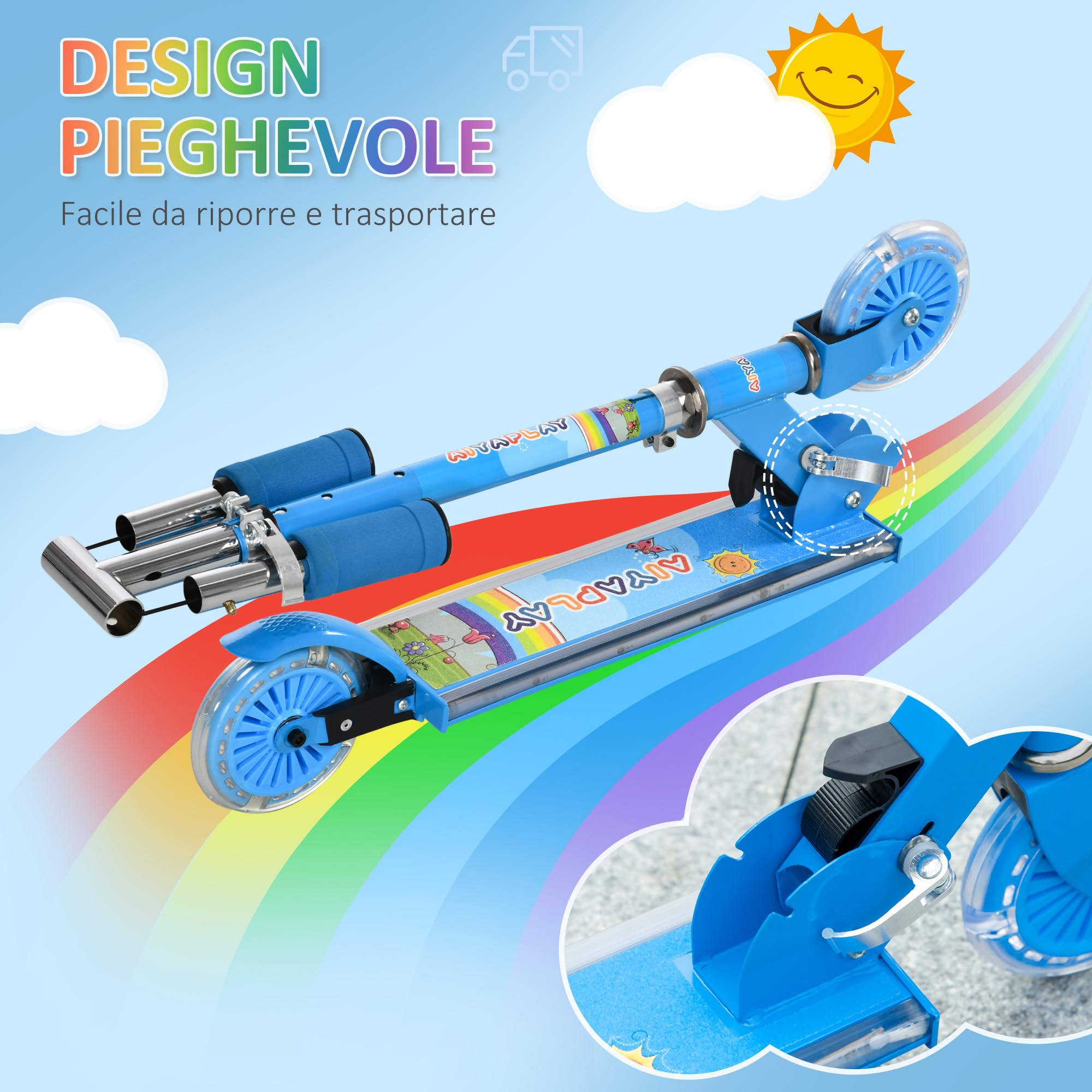 HOMCOM Monopattino per Bambini 3-7 Anni Pieghevole, Monopattino 2 Ruote, Altezza Regolabile, Scooter per Bambina con Luci LED, Musica e Ponte Antiscivolo, 67x32x65/70/75/78 cm, Portata 50Kg