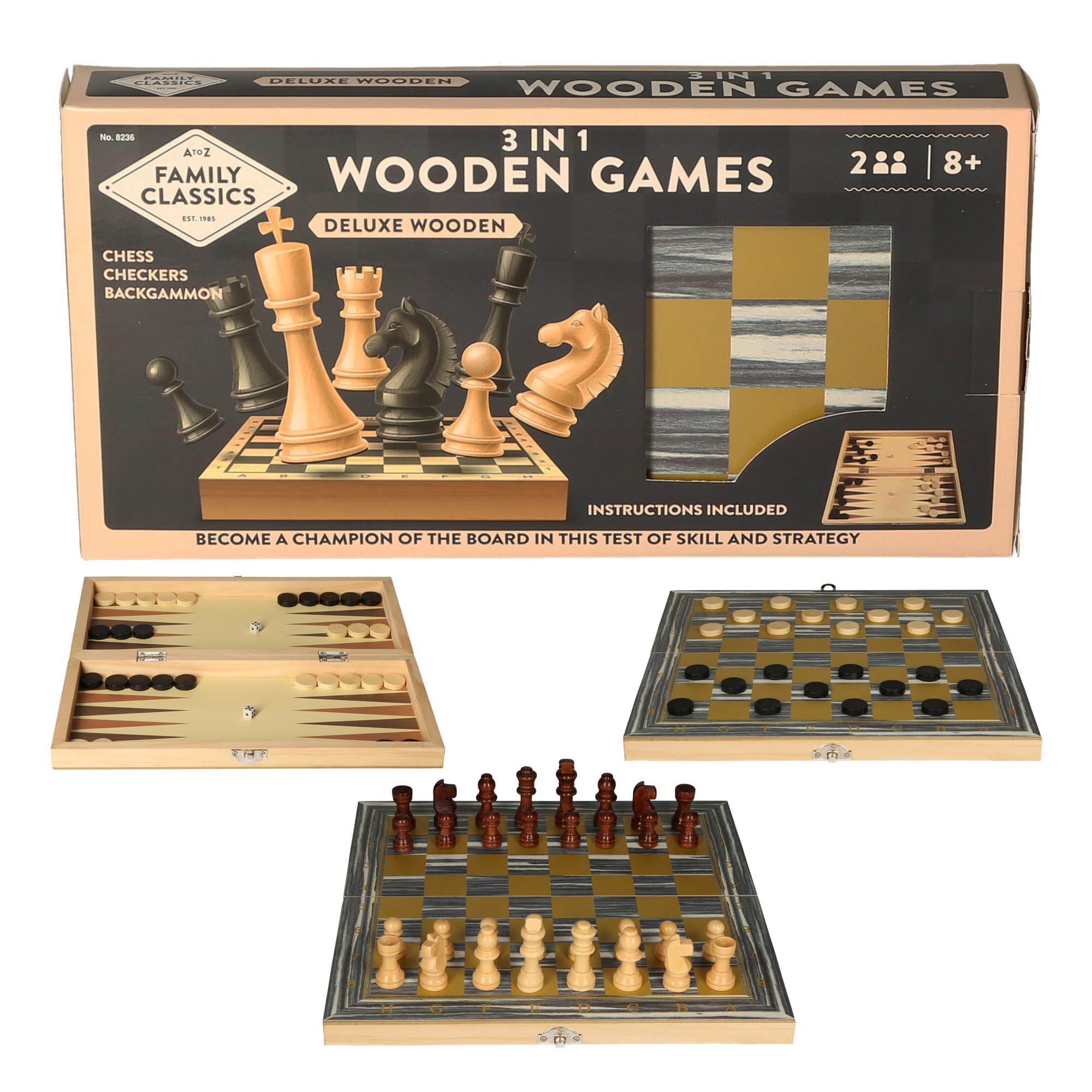 Family Classics Deluxe 3-in-1 Wooden Board Games Set, Chess, Checkers and Backgammon, Ages 8+ - Image 2
