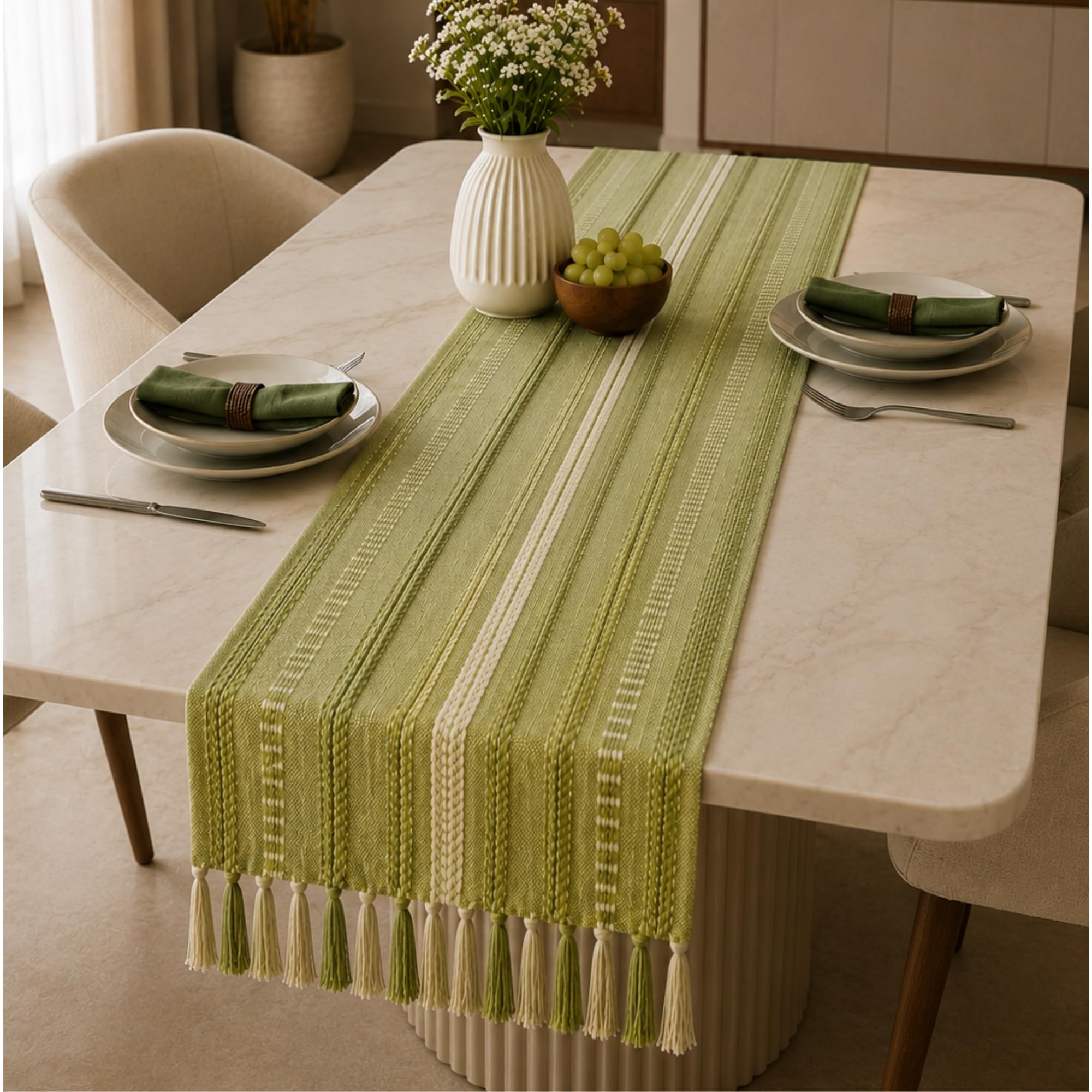 TARANTARAN Premium Cotton Table Runner Woven Striped Design with Tassels | Long Rectangular Table Runner for Home Décor, Kitchen & Center Table Stylish Green-Runner-picture-14