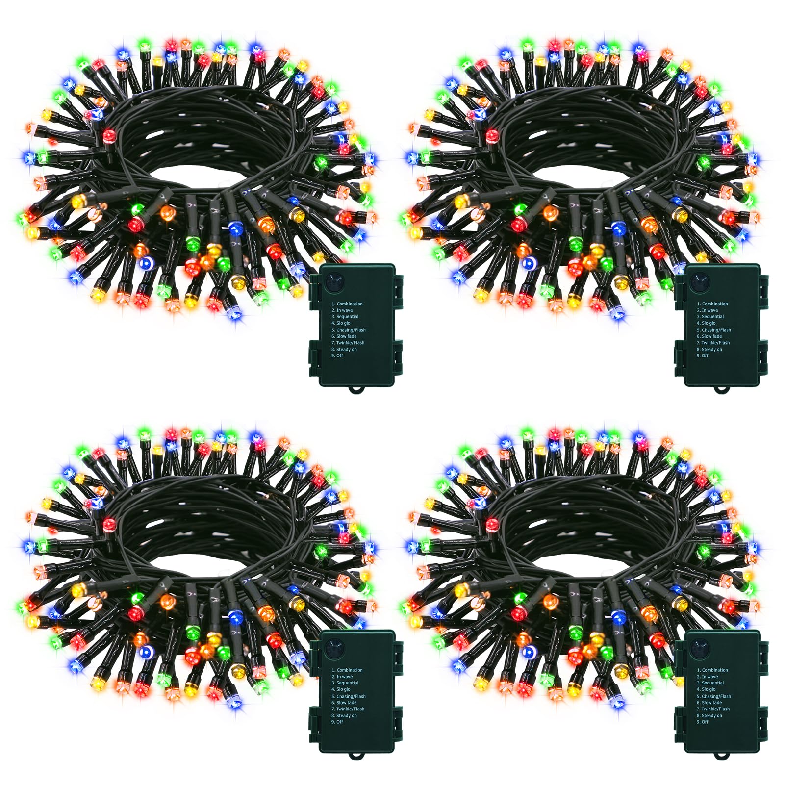 4 Pack Christmas Battery Fairy Lights, 7M 70 LED String Lights Dark Green Wire with Auto Timer 8 Modes, Christmas Tree Lights for Indoor Outdoor Xmas Party Garden Decor (Multicolor)