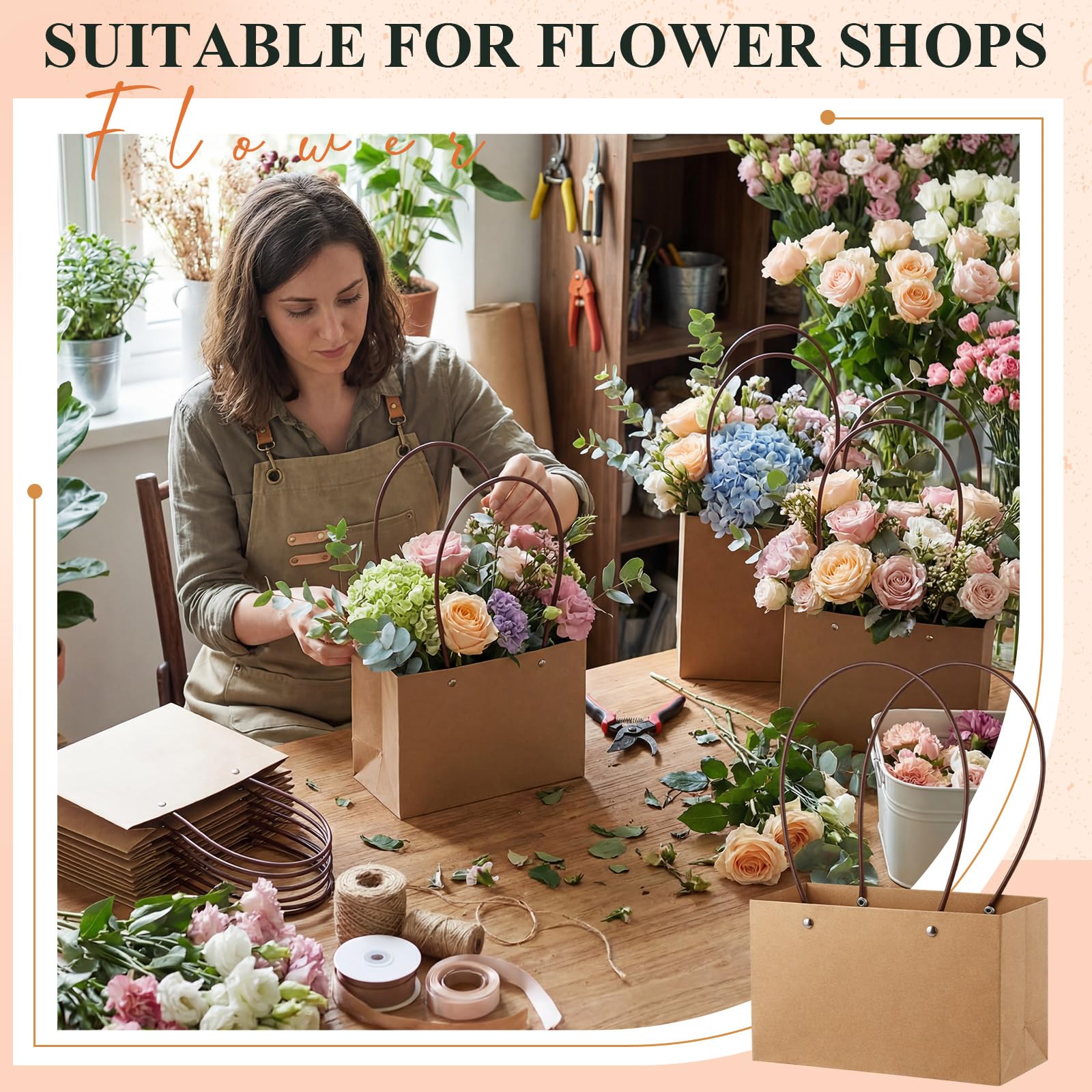 Gilprop Paquete de 30 bolsas de papel kraft para regalo de flores con asa con forro impermeable para regalos de cumpleaños, bodas y fiestas (13.8 x 8.7 x 5.1 x 4.3 pulgadas, marrón)