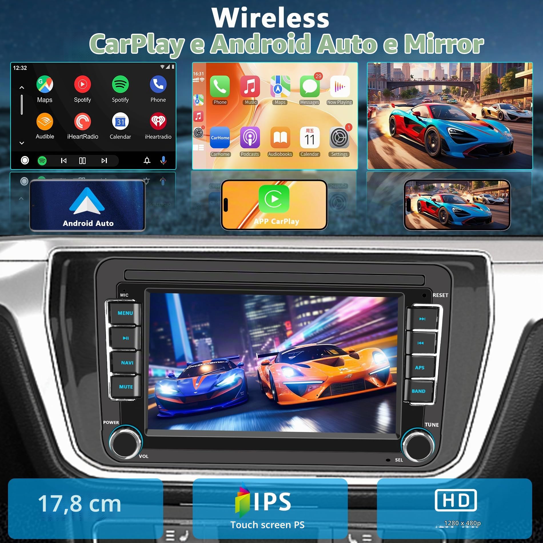 Autoradio Golf 5/6 Volkswagen VW Polo Passat Jetta Caddy EOS T5 Tiguan Touran CC e Wireless Carplay Android Auto 7 IPS con Bluetooth/FM/RDS Radio/USB/SWC/Plug & Play/GPS