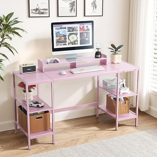 Miniatura 6 de Escritorio para computadora de 55 pulgadas con estante de almacenamiento - Rosa, ideal para dormitorios, espacios pequeños y oficinas en casa,