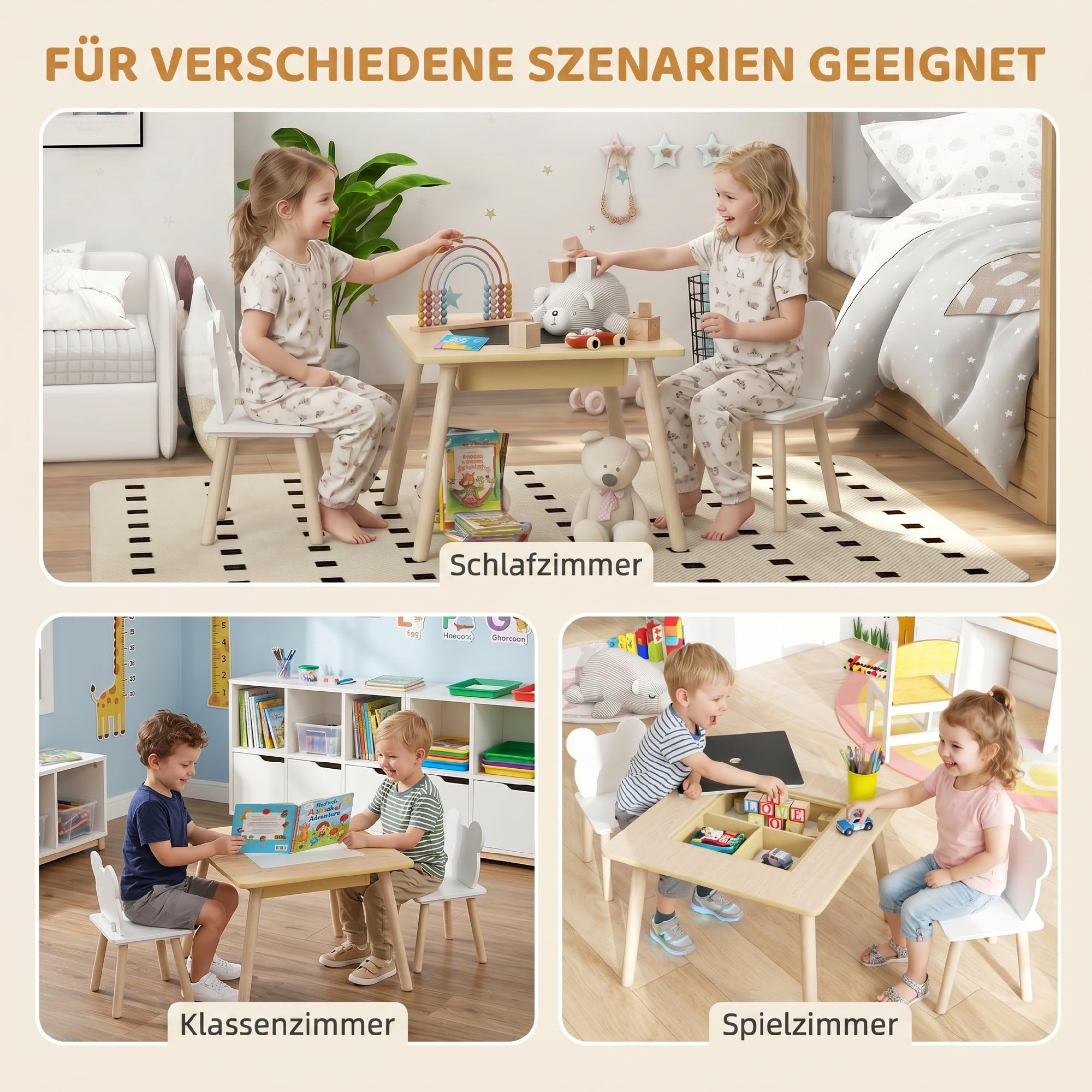 AIYAPLAY Kindertisch mit 2 Stühlen Kindersitzgruppe 3-6 Jahre Naturholz