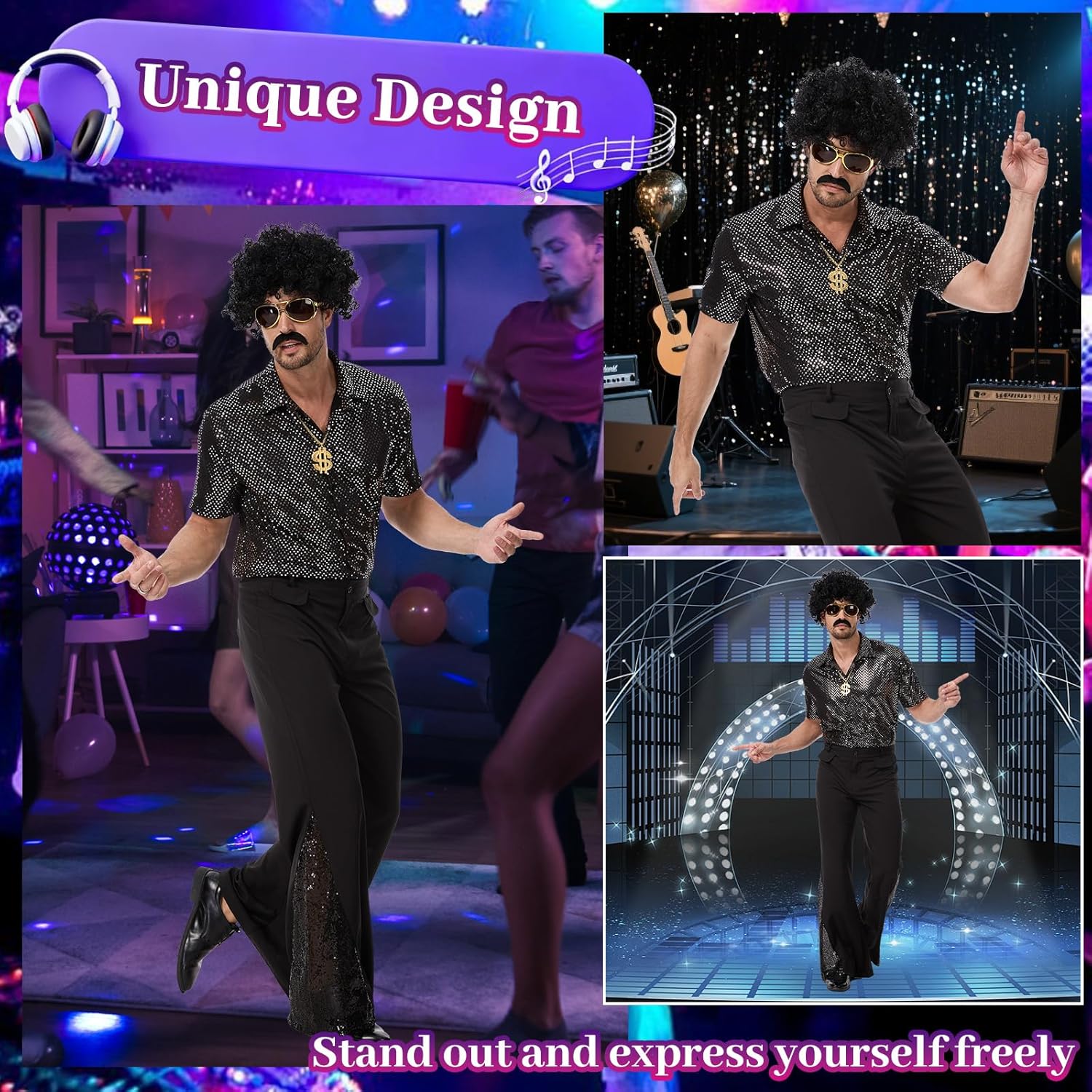 70s Disco Outfit Costume for Men, Include Shirt Bell Bottom Pants Wig Sunglasses Necklace Wig Cap, for Disco Party