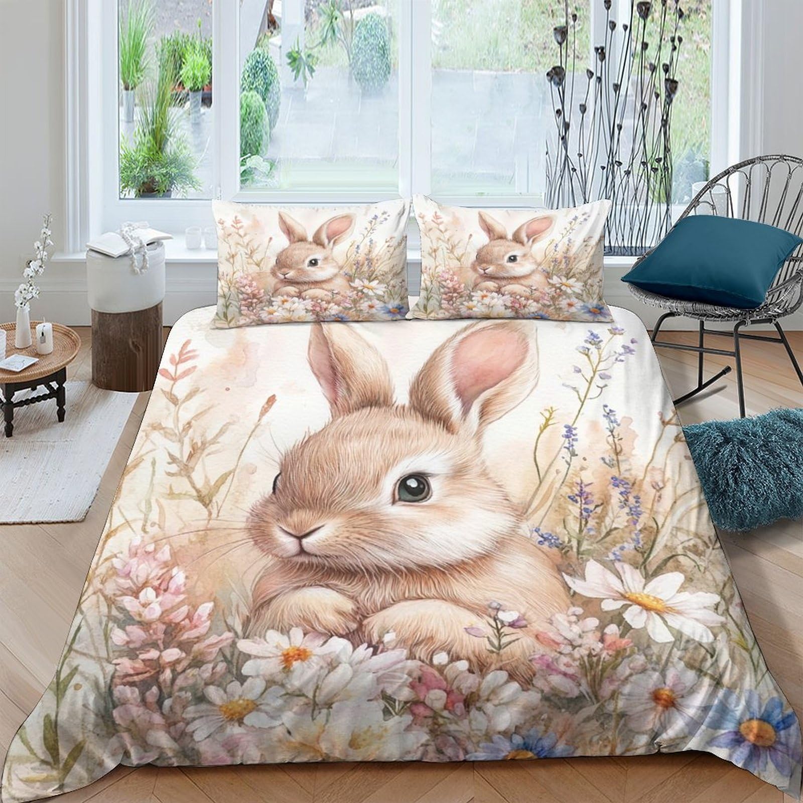 Ctjqhvkz Style-7 3D Printed Bunny Meadow Fitted Sheet Microfiber Soft Anti-Slip Floral Rabbit Bed Cover For Bedroom Guest Room Decor Single（135X200cm）