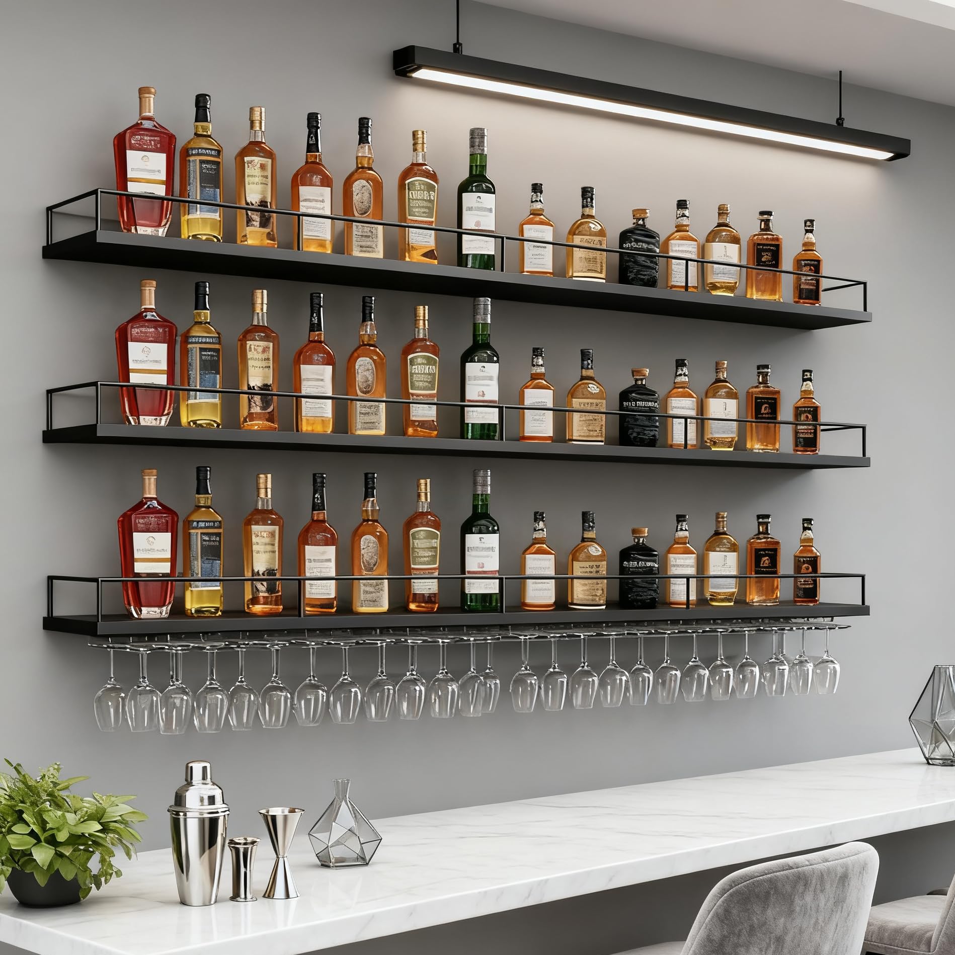 160CM Botellero de Pared Industrial Luz LED, 3 Niveles Moderno Botellero de Metal con portavasos de, Multifuncional Estante para Vino Apto para Cocina, Bar, Cafetería y decoración (Negro)