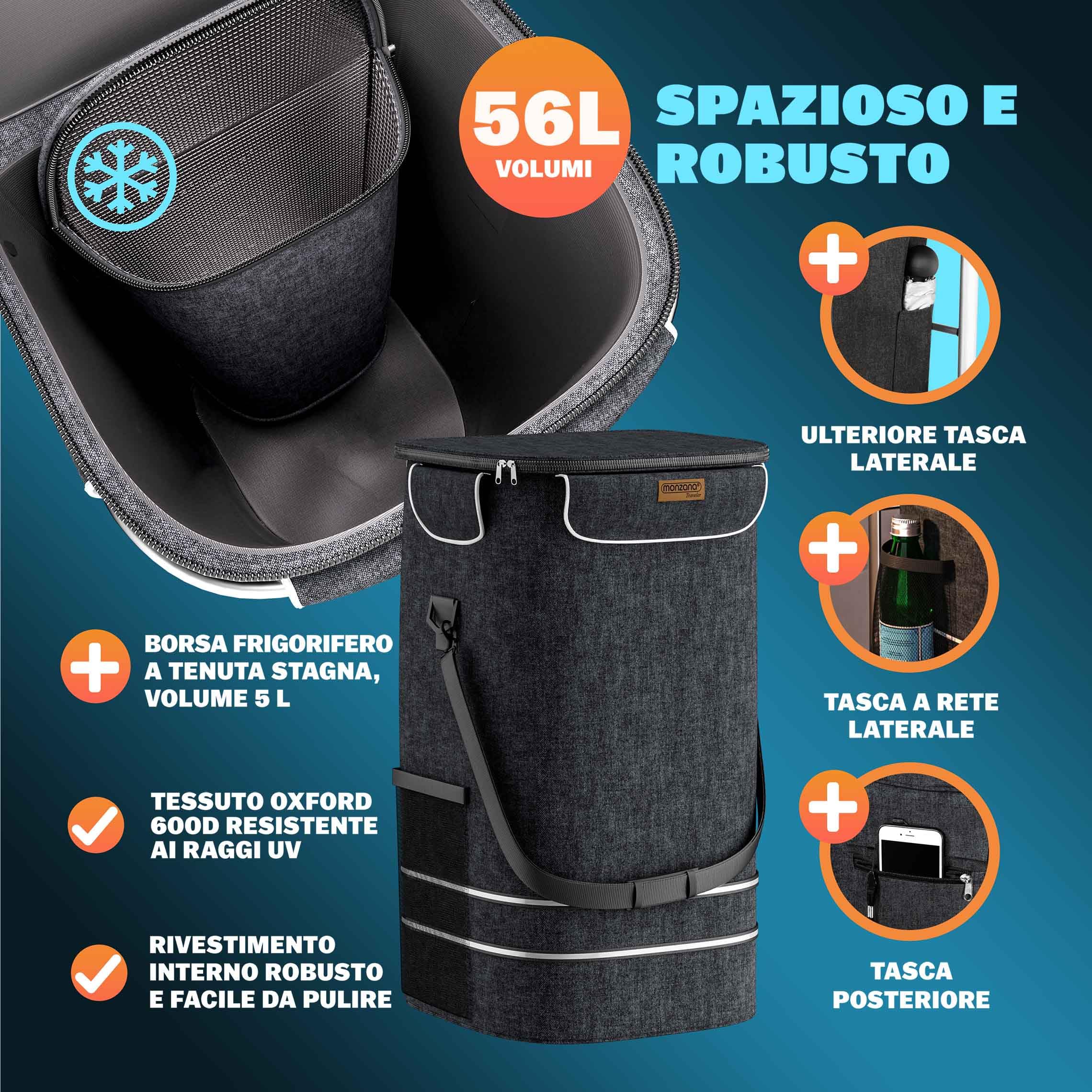 MONZANA Carrello della Spesa 3in1 56L fino a 50 kg Borsa Pieghevole Rimovibile Carrellino Portaspesa Trolley Nero