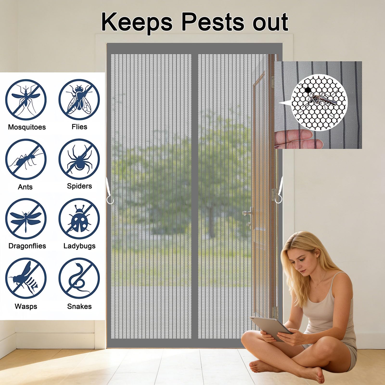 Fliegengitter Tür Magnet 340 x 180 cm Lichtdurchlässig Reißfest Wetterfest Langlebig aus Polyester Magnet Insektenschutz Balkontür für Wohnzimmer Schiebetür, Grau