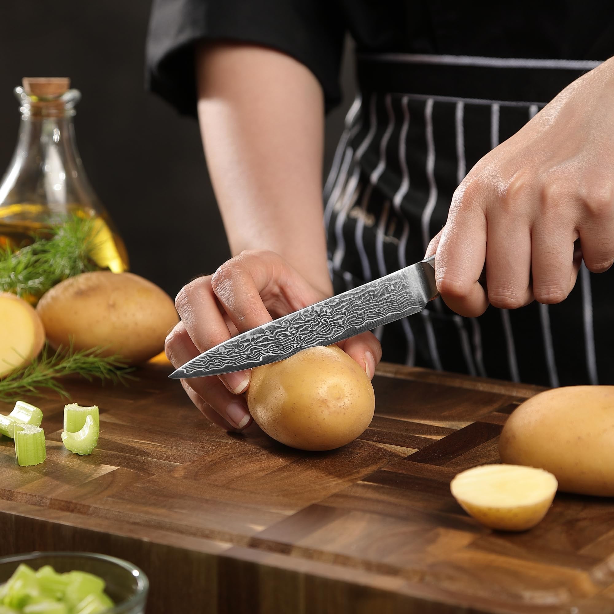 WAKOLI EDIB PRO Couteau Universel en Damas, 12 cm, Manche en Bois de Pakka | couteau de cuisine professionnel, lame en acier Damas à 67 couches avec noyau VG10, pour fruits, légumes, viande et poisson