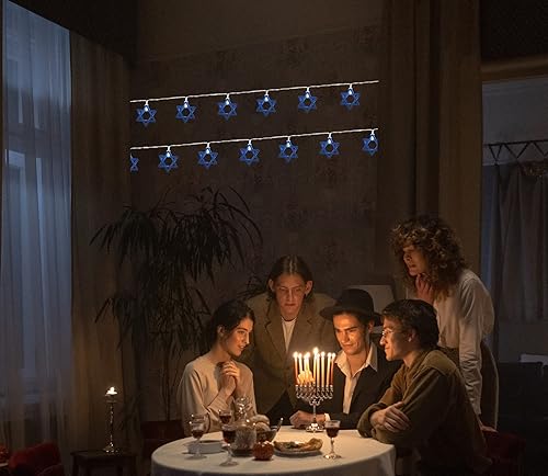 Miniatura 7 de Guirnalda de luces decorativas de estrella de Janucá de 10 pies, 20 luces LED con forma de hexagrama blanco cálido, decoraciones de Hanukkah para el