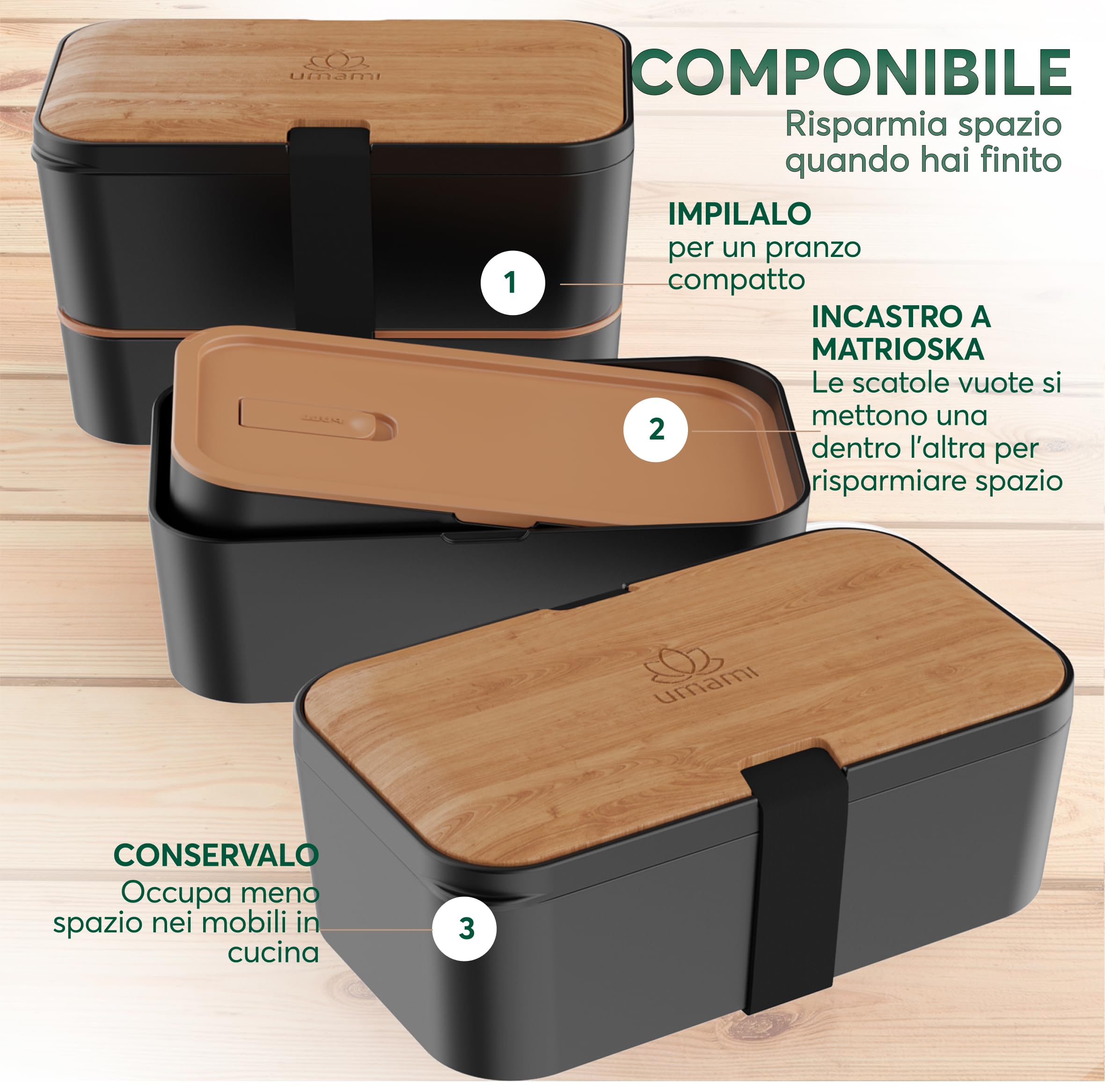 Umami Porta Pranzo Lunch Box Impilabile Con 4 Scomparti E Posate, Sicuro Per Microonde, Lavastoviglie, Portapranzo Ufficio, Bento Lunchbox Ermetico Per Adulti, Pranzo, Ciliegia Nera, 1500 ml